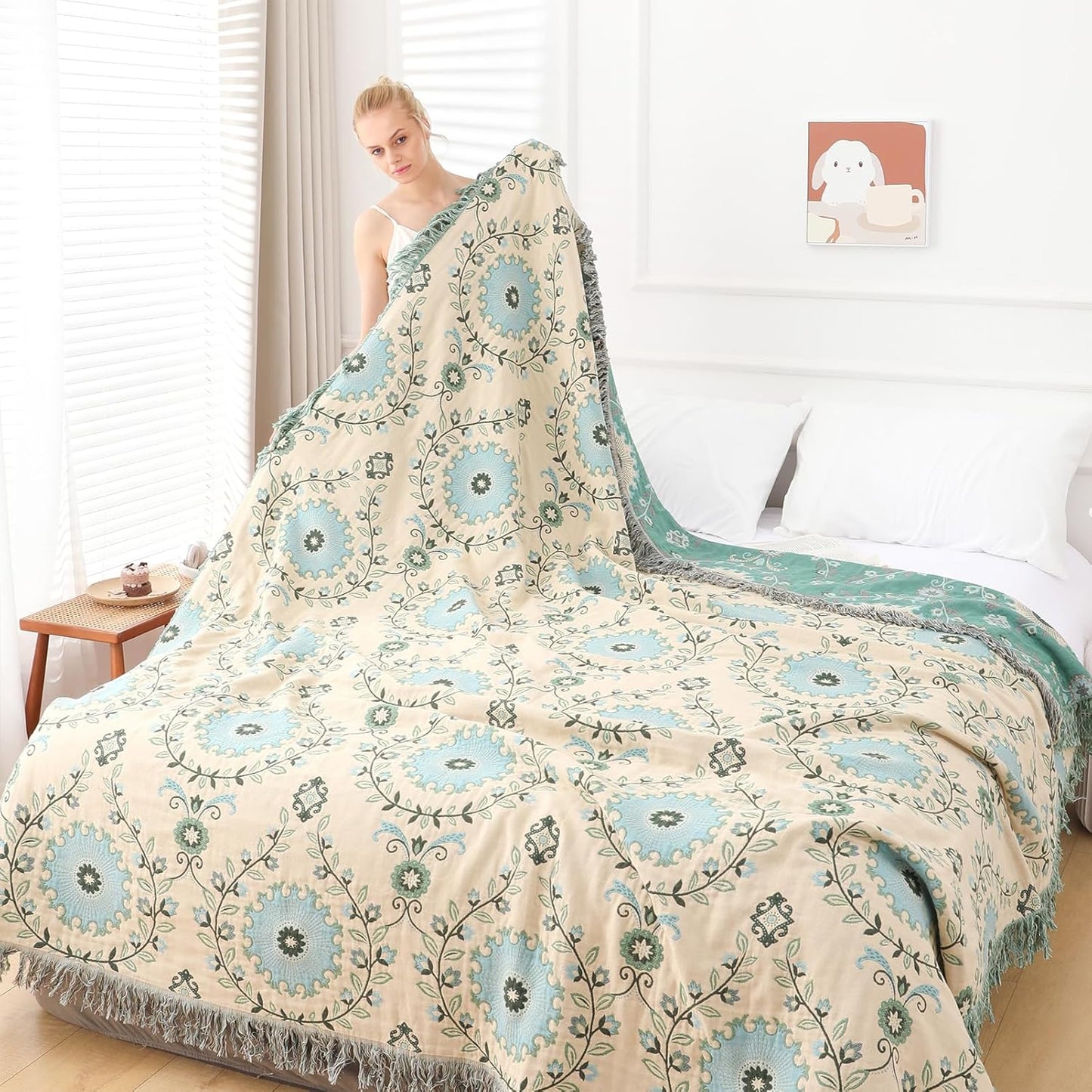 Snycler Boho Throw Blanket for Bed - 100% Cotton Ultra Soft Rustic Quilt - Blue Boho Floral Printed Farmhouse Decor Bed Blankets, 80"×90" All Season Rustic Throw for Sofa Couch Chair