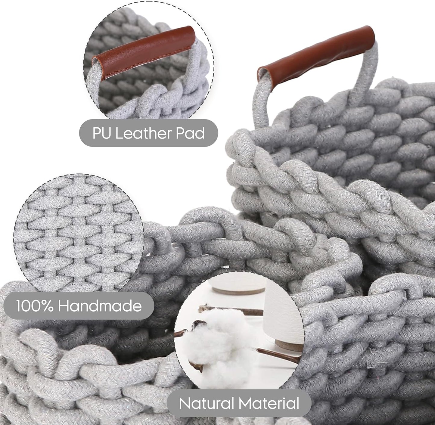 Sea Team 3-Pack Rectangle Woven Cotton Rope Storage Baskets with Handles, Shelf Basket, Closet Organizers, 3-in-1, Gray