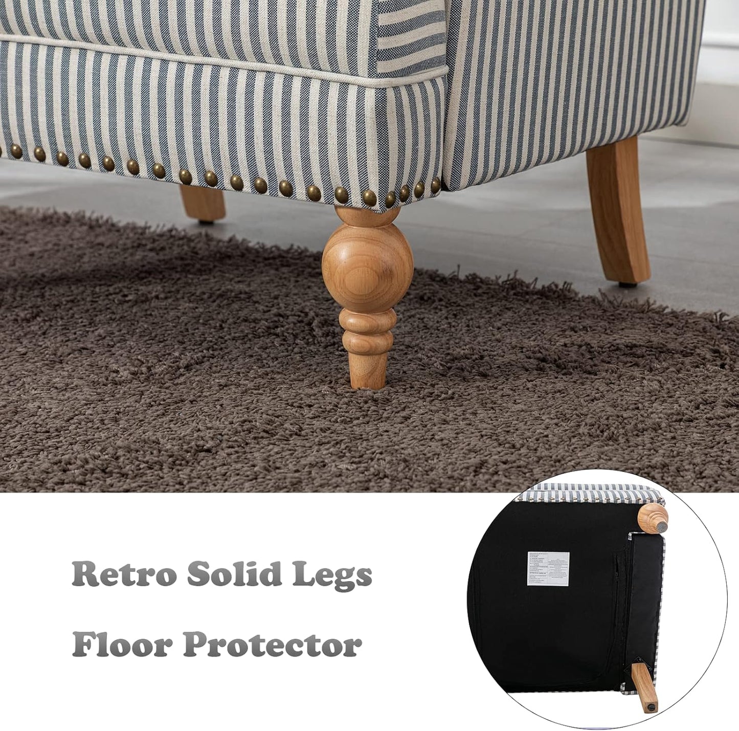 chairus Linen Accent Chair for Living Room Upholstered Mid Century Modern Single Sofa Chair with Solid Wood Legs Comfy Reading Chair Armchair for Bedroom/Office Room/Recption/Lounge, Blue Stripe