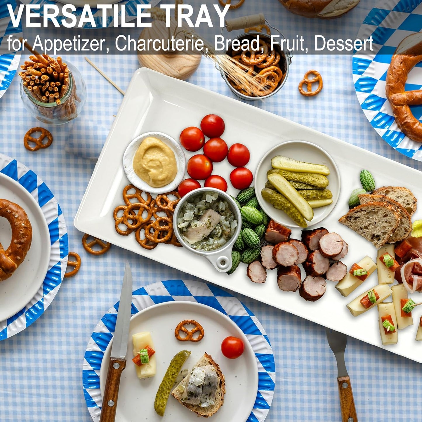 Long Melemine Serving Tray, 17.3x8x1.5 in Serving Platters and Trays for Appetizer, Charcuterie, Bread, Fruit, Dessert, Set of 2, White