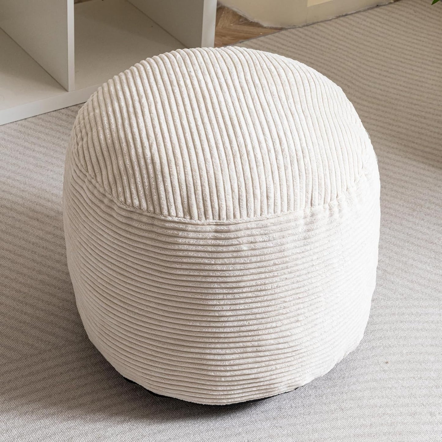 HIGOGOGO Round Stuffed Pouf Ottoman, Corduroy Poufs with Foam Chunk Filling, Furry and Fluffy Pouf Foot Stool Storage Ottoman, 20 X 15 Floor Poufs Foot Rest for Living Room, Beige