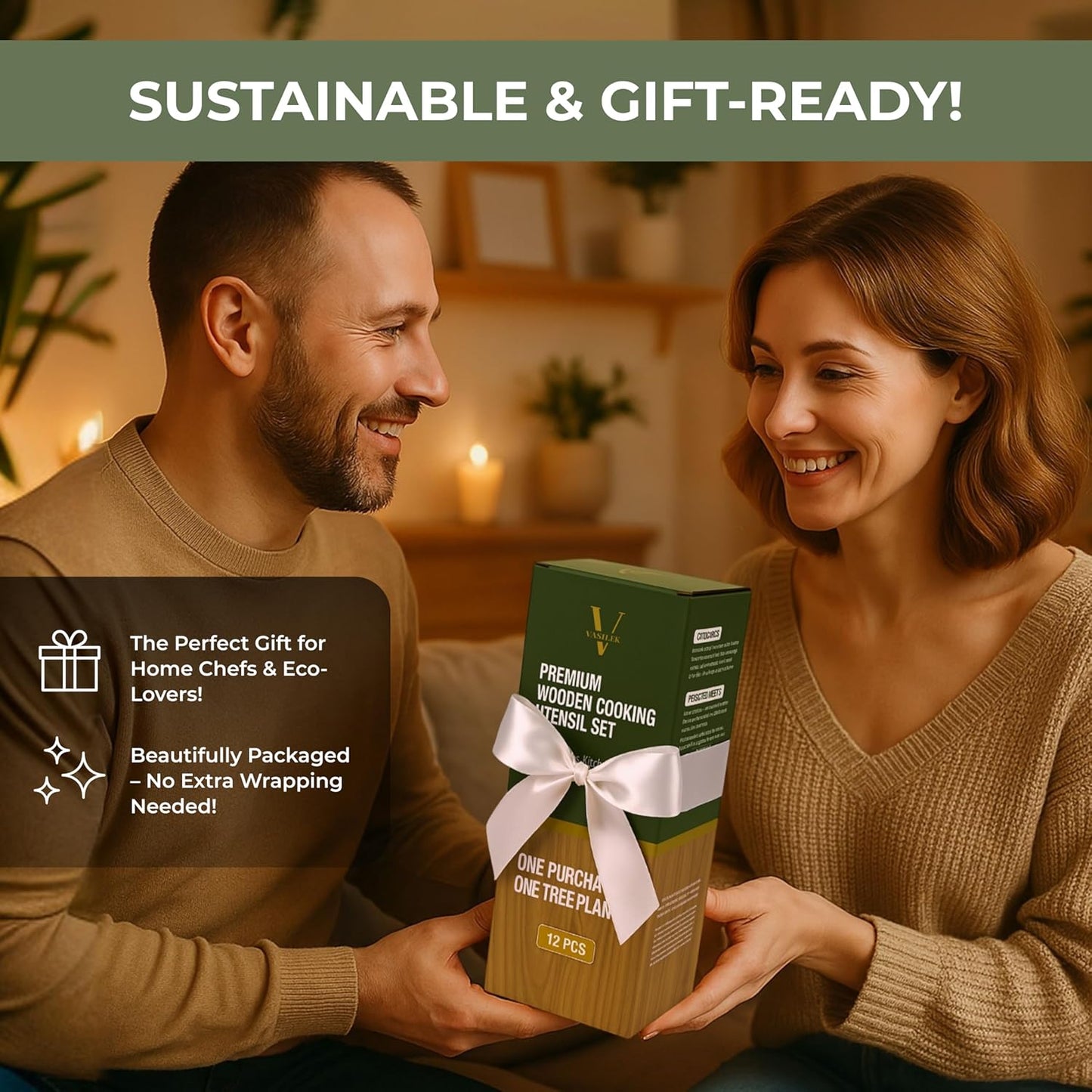 Vasilek Wooden Cooking Utensils Set – 12-Piece Acacia Wood Kitchen Utensil Set with Square Holder & Spoon Rest, Non Toxic Wooden Tools for Nonstick Cookware, Spatula, Ladle, Serving Spoon