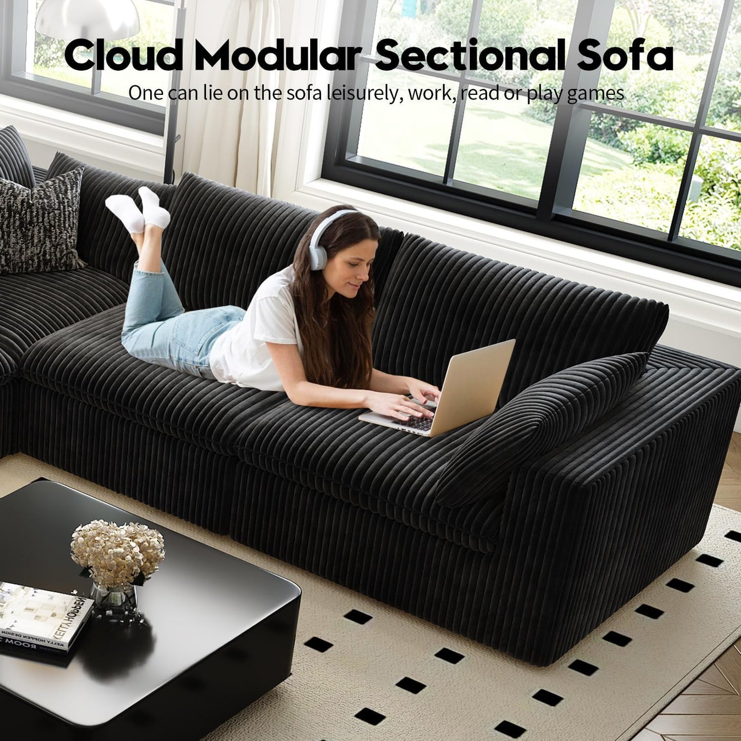 LoveSeat Cloud Couch Modular Sectional Sofa for Living Room,Modern Sofa with Deep Seat,2 Seater Boneless Couch with Ottoman,Comfy Upholstered Couches for Apartment, Studio, Office,Bedroom,Black
