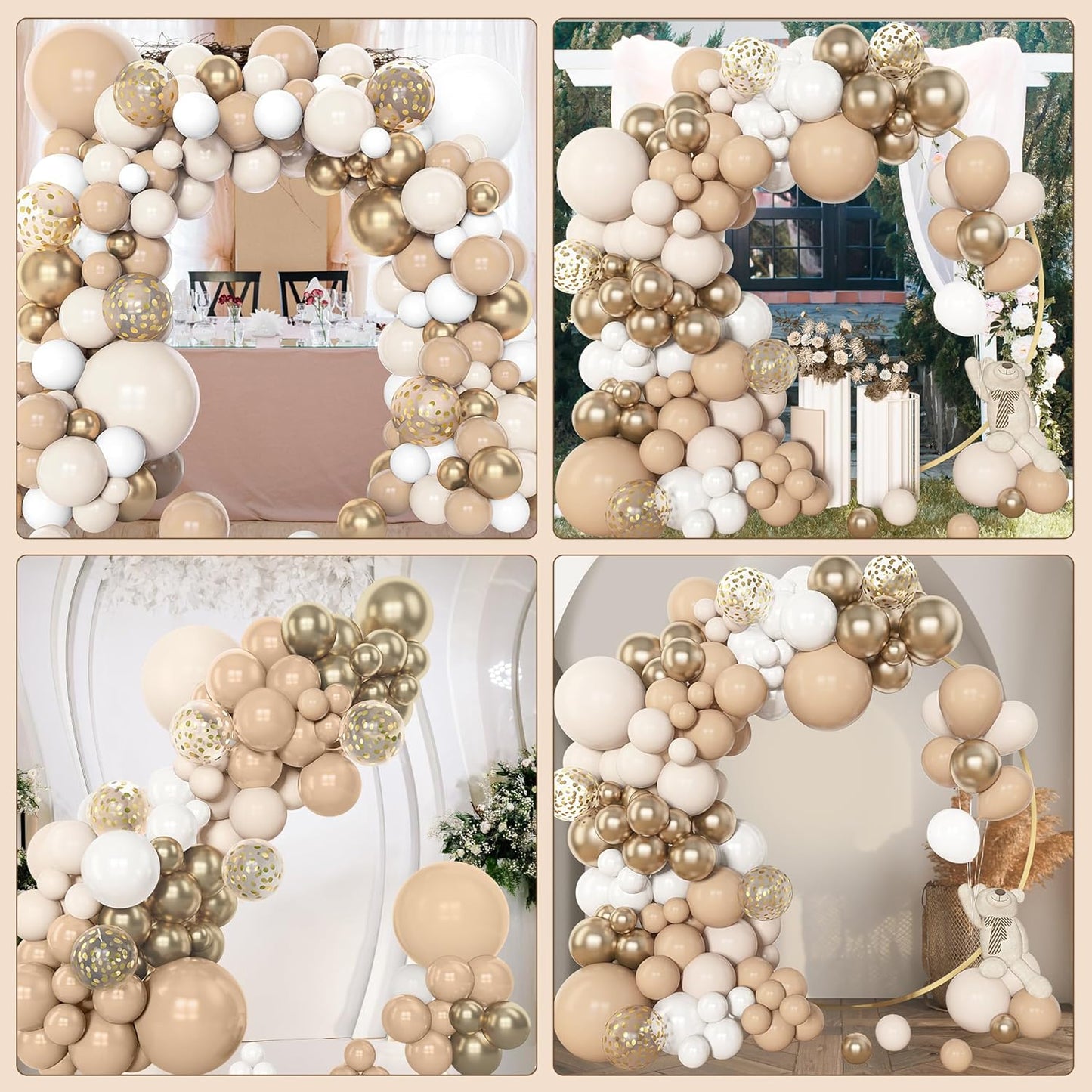 Amandir 153pcs White Sand Balloon Garland Arch Kit, Different Sizes 18 12 10 5 inch Beige Cream Champagne Gold Latex Metallic Confetti Balloons for Boho Neutral Baby Shower Birthday Party Decorations
