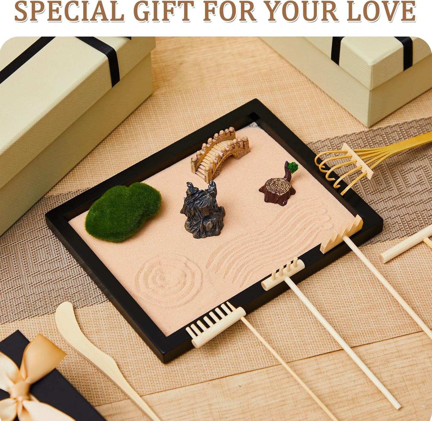 Soulchen 8 Pcs Mini Zen Garden Kit for Desk Decor DIY Your Own Zen Garden 8.5" x 6.7" Japanese Sand Tray 6 Rake Tools Meditation Gifts Set for Home Office Desktop Accessories Therapy Stress Relief