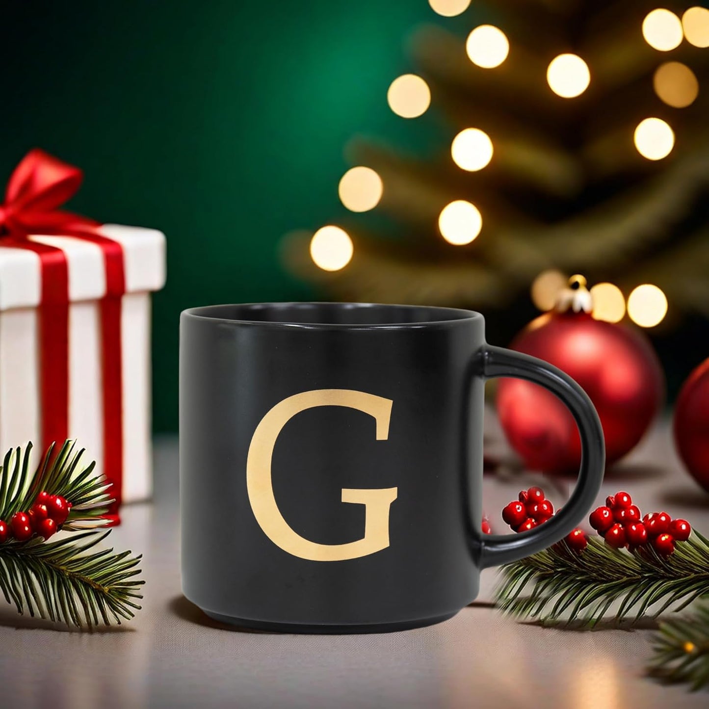 COLLECTIVE HOME - Monogram Ceramic Mugs, 15 oz Golden Initial Black Coffee Cups, Elegant Alphabet Tea Mugs, Elegant Personalized Mug with Gift Box, Unique Mug with Double Side Capital Lette (G)