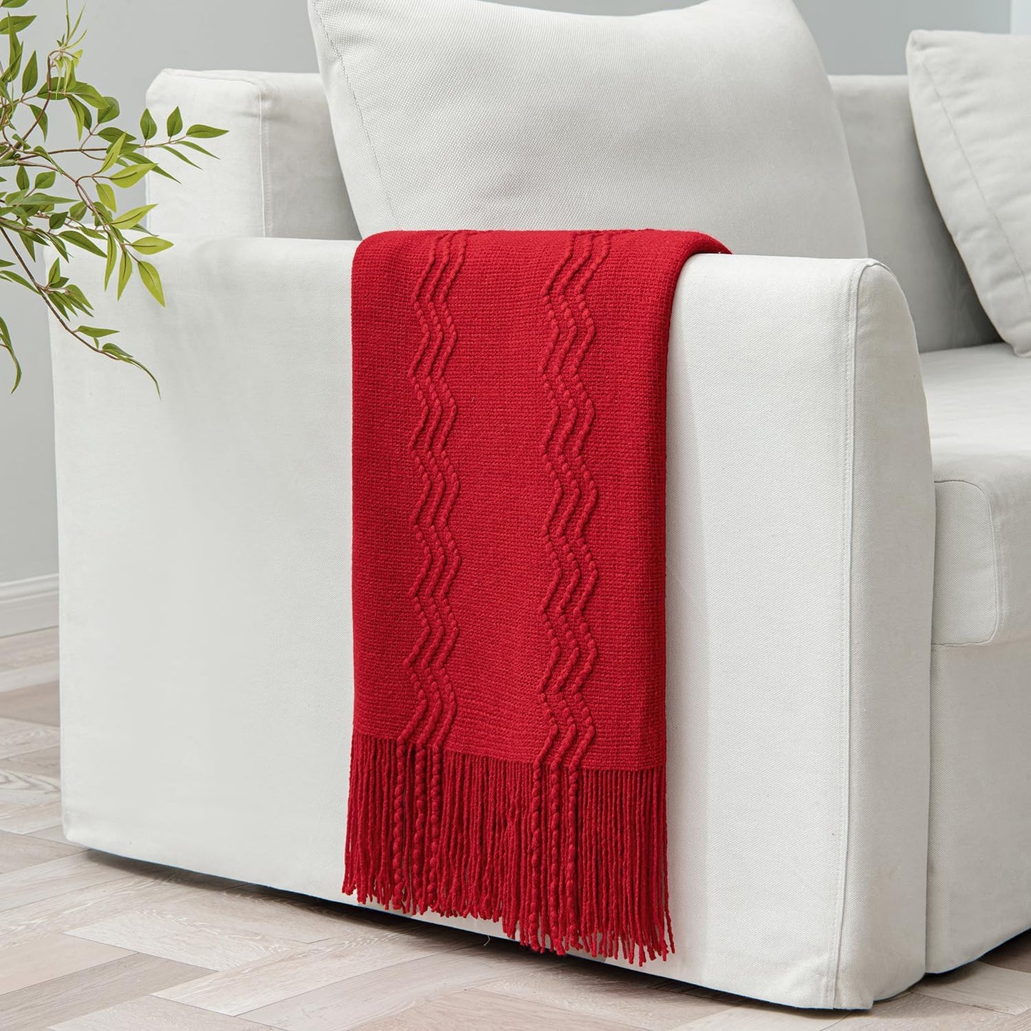 MIULEE Red Knitted Throw Blanket for Couch Boho Textured Cozy Woven Blanket with Tassels for Sofa Chair Bed Living Room Acrylic Wave Pattern 50"x60"