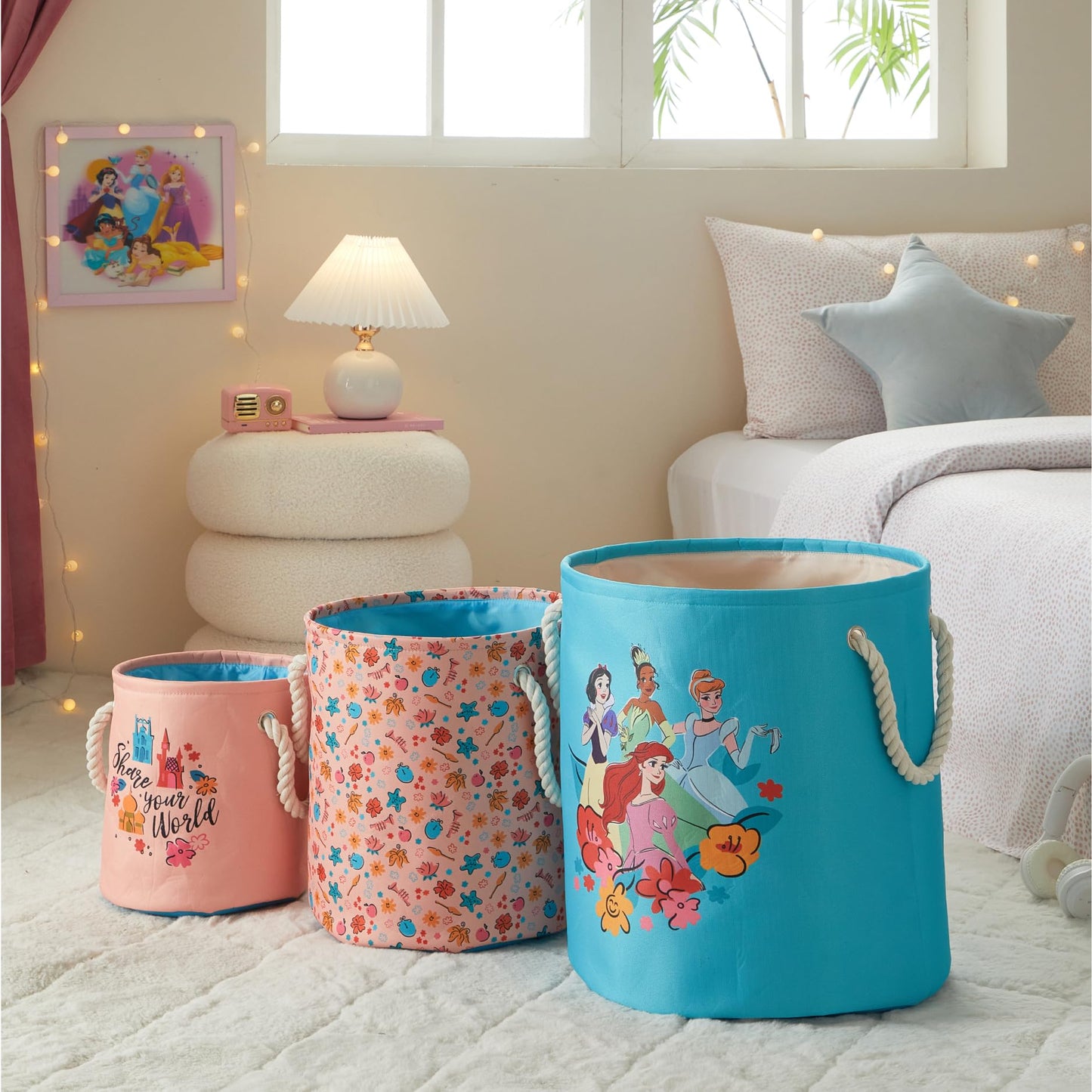 Disney Princess 3 Piece Fabric Storage Basket Set, Nestable Toy Storage Bins with Rope Handles