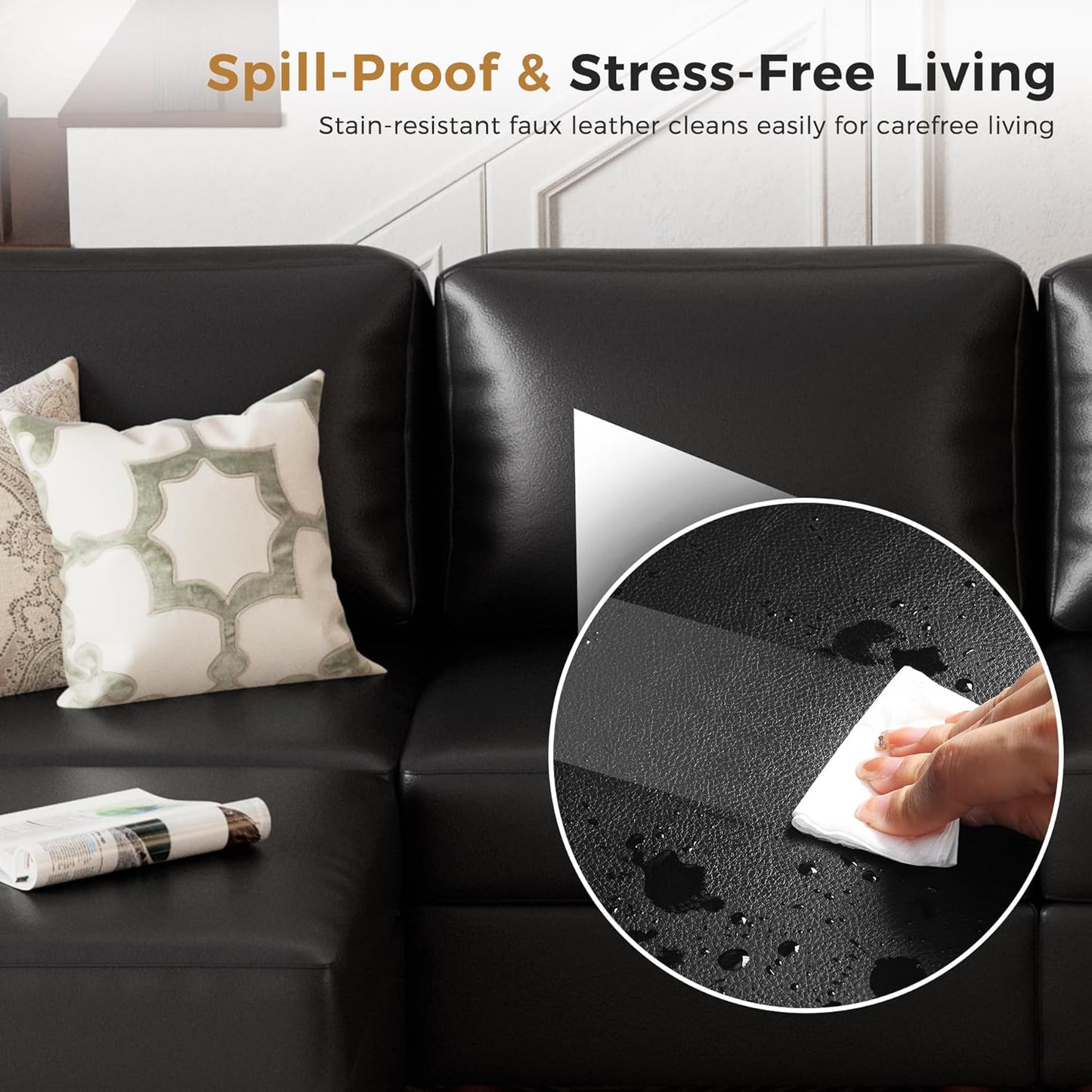 Faux Leather Oversized Accent Chair with Storage Deep Seat Single Sofa Large Reading Armchair for Living Room Bedroom Office Black