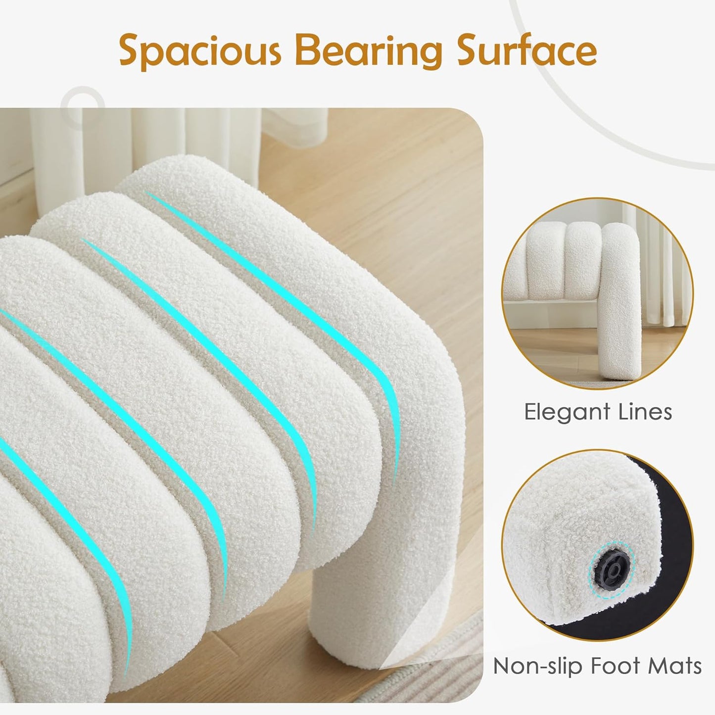 43.3" Bedroom Bench, Upholstered Entryway Bench, Modern End of Bed Ottoman with Solid Wood Legs and Adjustable Foot Pegs for Entryway, Dining Room and Living Room (White Teddy)