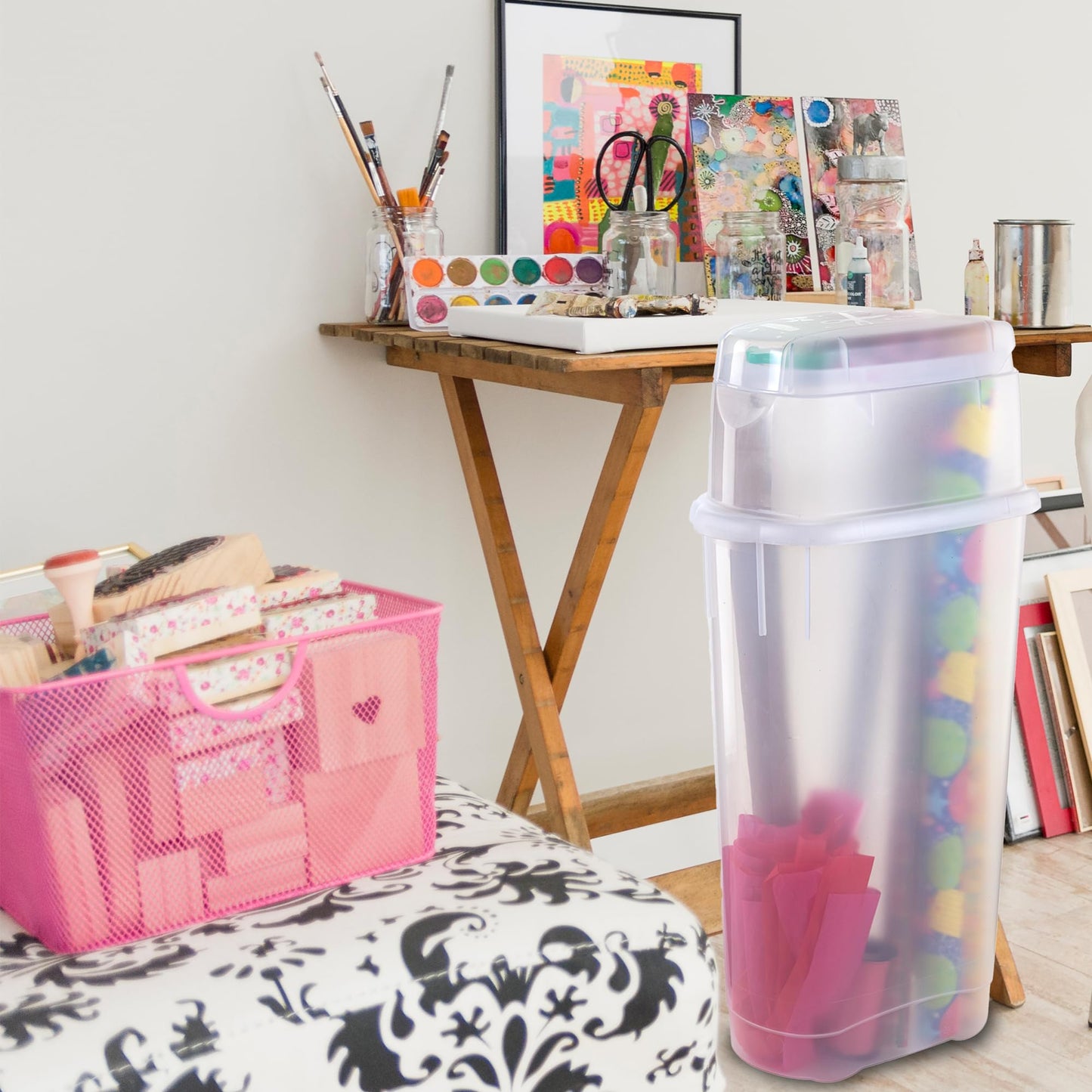Rubbermaid Wrap N' Craft Plastic Wrapping Paper Organizer Storage Container with Top Ornament