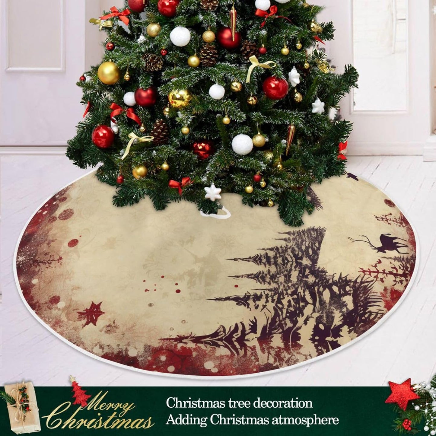 Vintage Red Elk Christmas Tree Skirt - 36 Inch Xmas Tree Mat for New Year Party Decorations