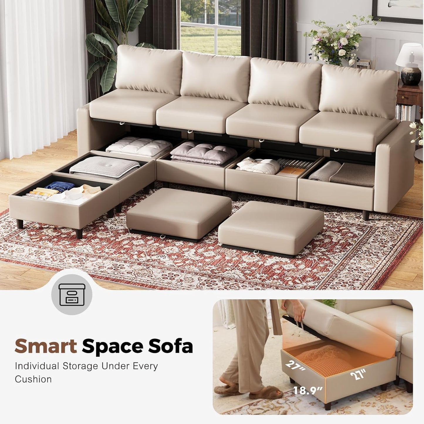 118.5" Faux Leather Modular Sectional Sofa with Storage Seat, Modern 6 Seater Couch Deep Seat with Removable Cover DIY Combination Whitesand