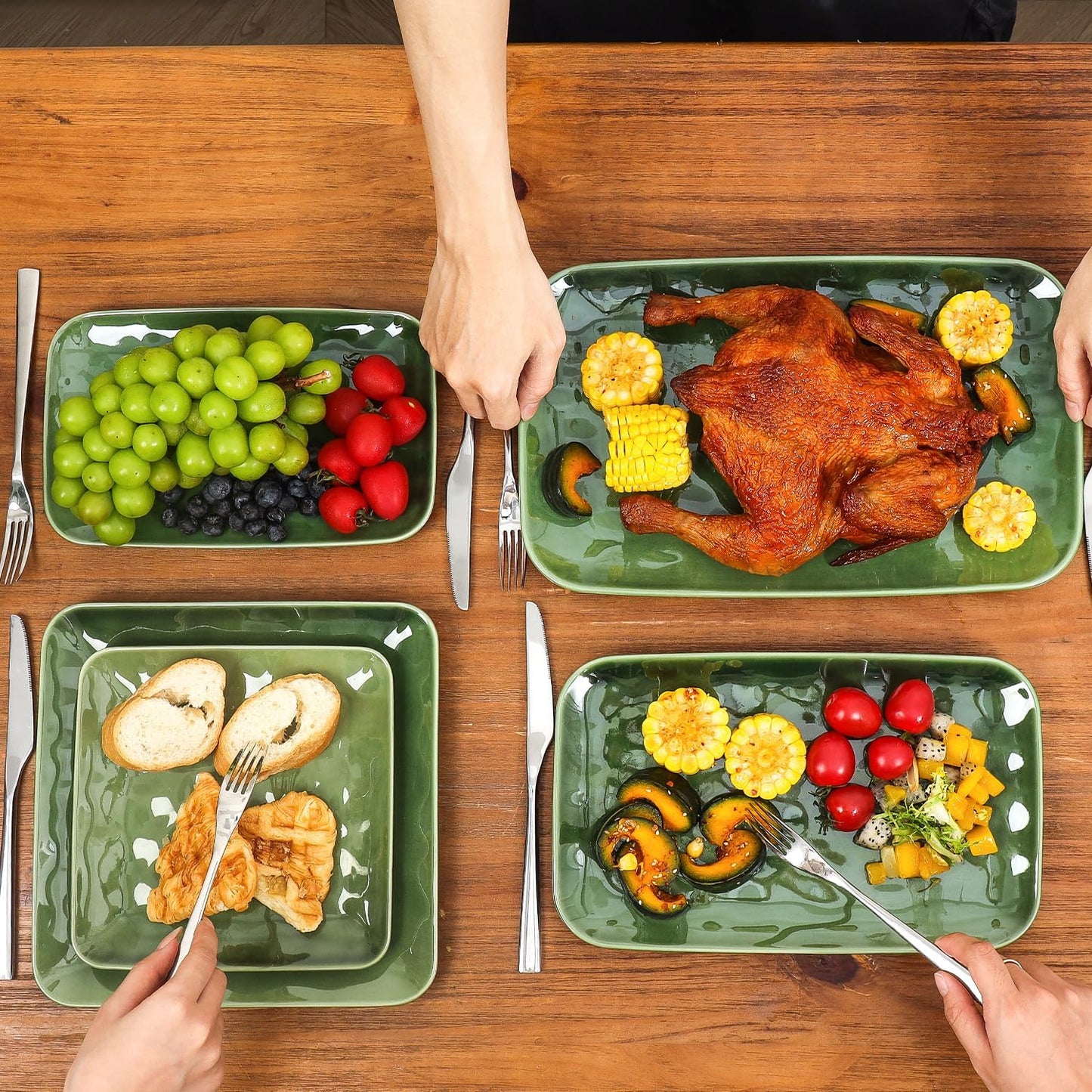 vicrays Ceramic Rectangle Serving Platters - 14" 12" 10" Porcelain Serving Trays Plates for Party BBQ Appetizers Sushi Dessert - Microwave Oven and Dishwasher Safe - Set of 3 Green