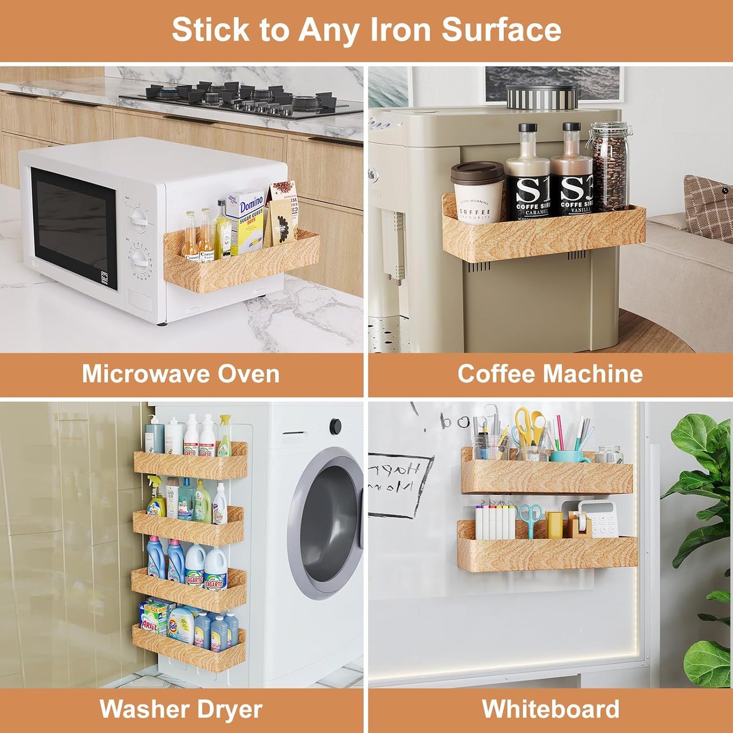 Magnetic Spice Rack for Refrigerator, Kitchen Organizer and Storage Shelf, Woodgrain (4 Pack)…