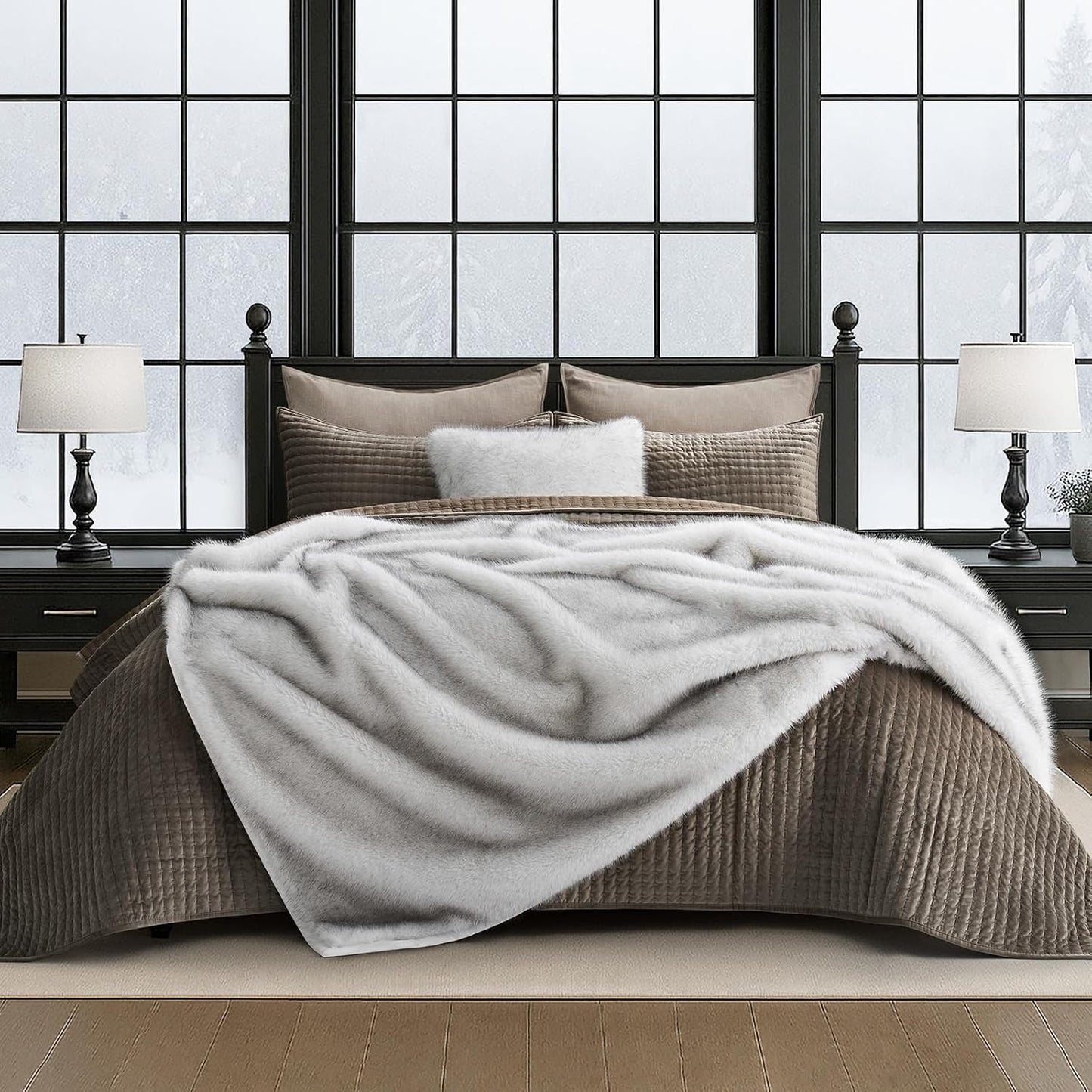 Luxury Faux Fur Throw Blanket, Soft Fluffy Faux Mink Blankets for Bed, Couch, Sofa, Thick Cozy Plush Warm Fur Throws with Reversible Velvet, Frosted White Wolf, 60"x80"