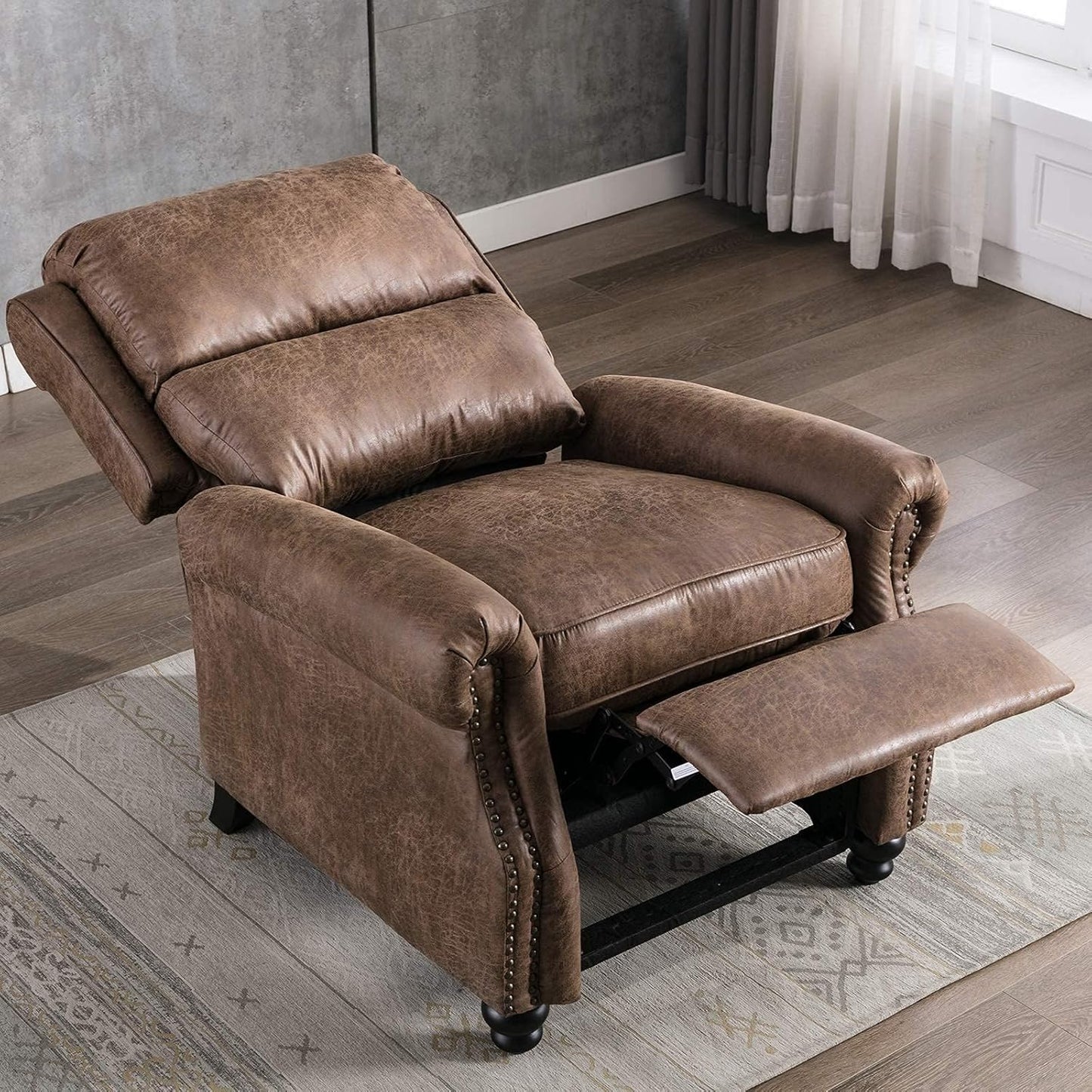 CANMOV Pushback Recliner Chair Set of 2, Faux Leather Armchair Push Back Recliner with Rivet Decoration Single Sofa Accent Chair for Living Room, Chocolate