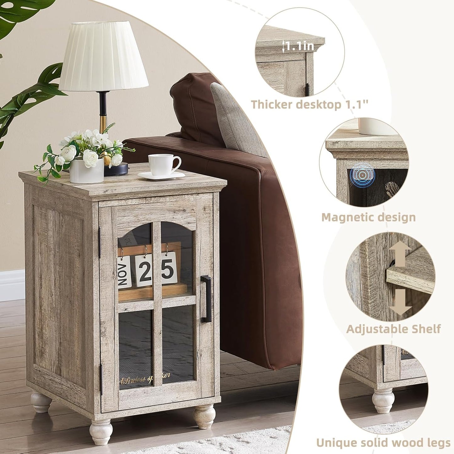 Narrow Side Table,Farmhouse Nightstand with Charging Station,Wood End Table with Glass Barn Door Storage, Cabinet Organizer with Adjustable Shelf, Night Stand for Small Spaces for Living Room Bedroom