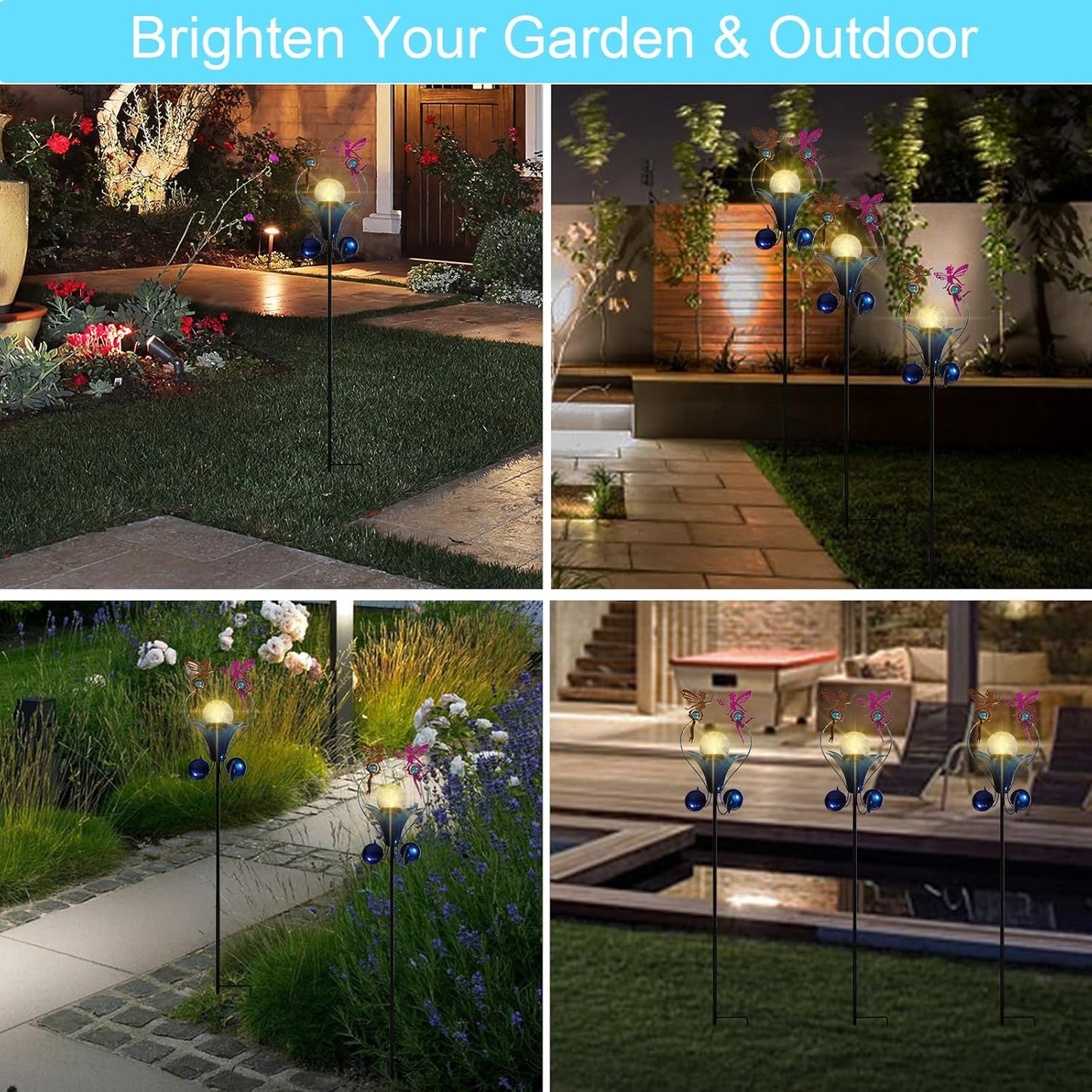 VCUTEKA Solar Lights Outdoor Metal Garden Stake Waterproof Crackle Glass Globe Garden Decor Fairy for Pathway, Lawn, Patio, Yard