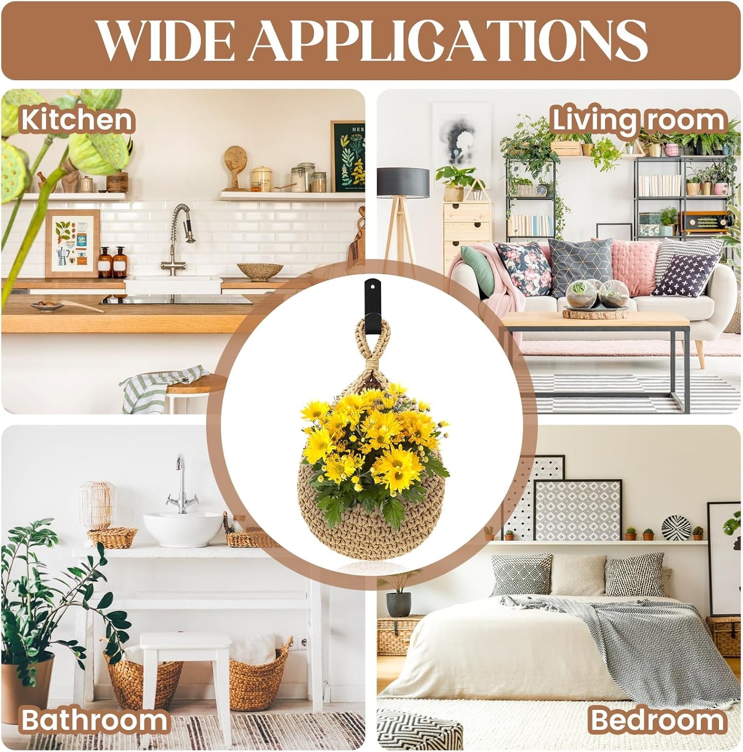 Wall Hanging Baskets for Organizing - 3 Pack Hanging Fruit Basket with 6 Pcs Strong Hooks, Handwoven Onion Storage Teardrop Home Onion Basket for Fruits Vegetable Potato Kitchen Storage(Light Linen)