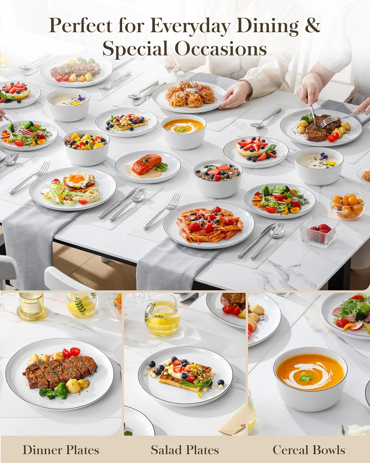 MALACASA 18 Pieces Gourmet Porcelain Dinnerware Sets, Premium Plates and Bowls Set, High-Fired Dishes Set for 6, Chip & Scratch Resistant, Microwave Dishwasher Safe, White & Black Rim, Series LEXI