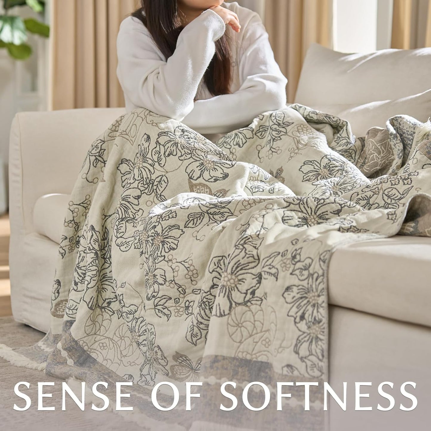 jinchan Boho Floral 100% Cotton Blanket 4-Layer Throw Blanket with Tassel Grey and White Flower Butterfly Soft Luxury Rustic Farmhouse Decor Blanket for Couch Bed 60x80 inch All Season Gift for Women