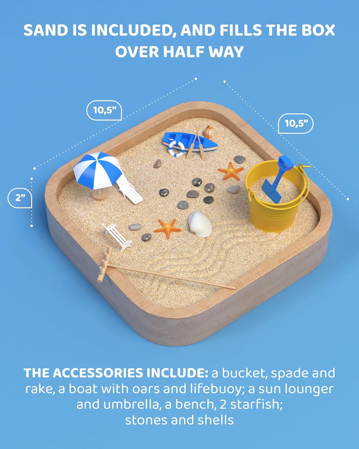 Mini Zen Garden - Beach Sandbox for Desk - Sand Tray Therapy Kit - Miniature Zen Garden Gift Set with Natural Sand, Rakes, Rocks and Accessories