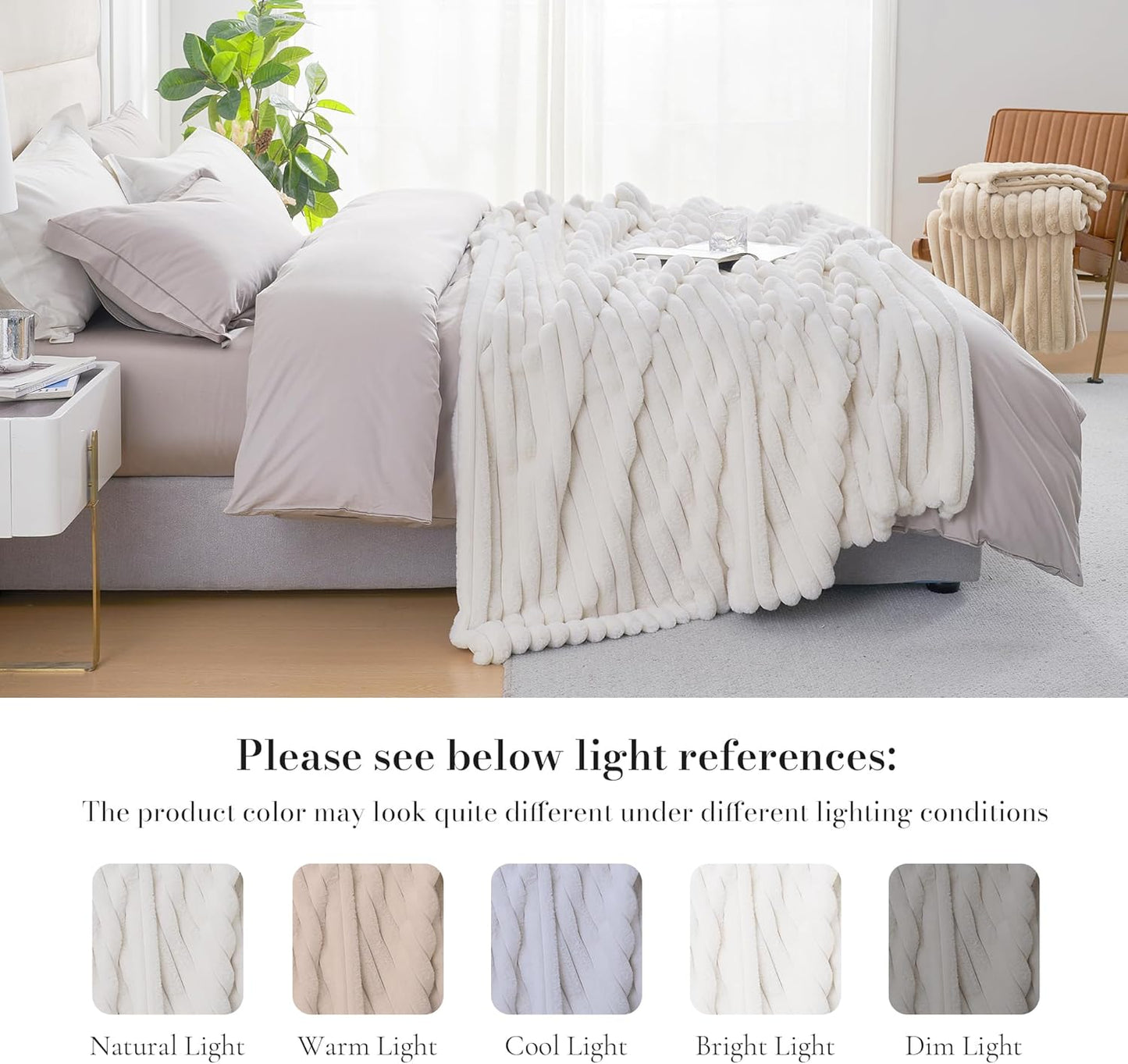 Amélie Home Faux Fur Throw Blanket for Couch, Cozy Fuzzy Fluffy Fur Luxurious Soft Striped Plush Gift Blankets for Family Sofa Chair Bed Living Room Bedroom, 55"x70", Ivory