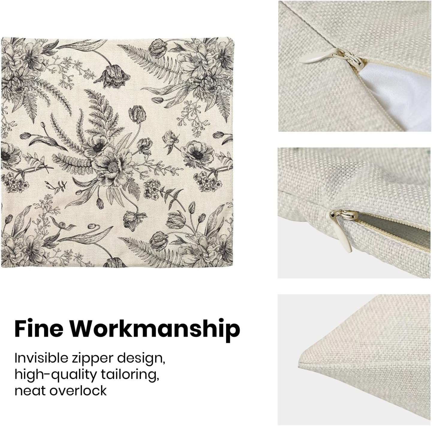 CXMEIFLY Spring Floral Leaves Pillow Covers 16 x 16 Inch Set of 2 for Chinoiserie Flowers Decor Throw Pillows Black and White Seasonal Plant Outdoor Decorative Cushion Cases for Couch Bed Decorations