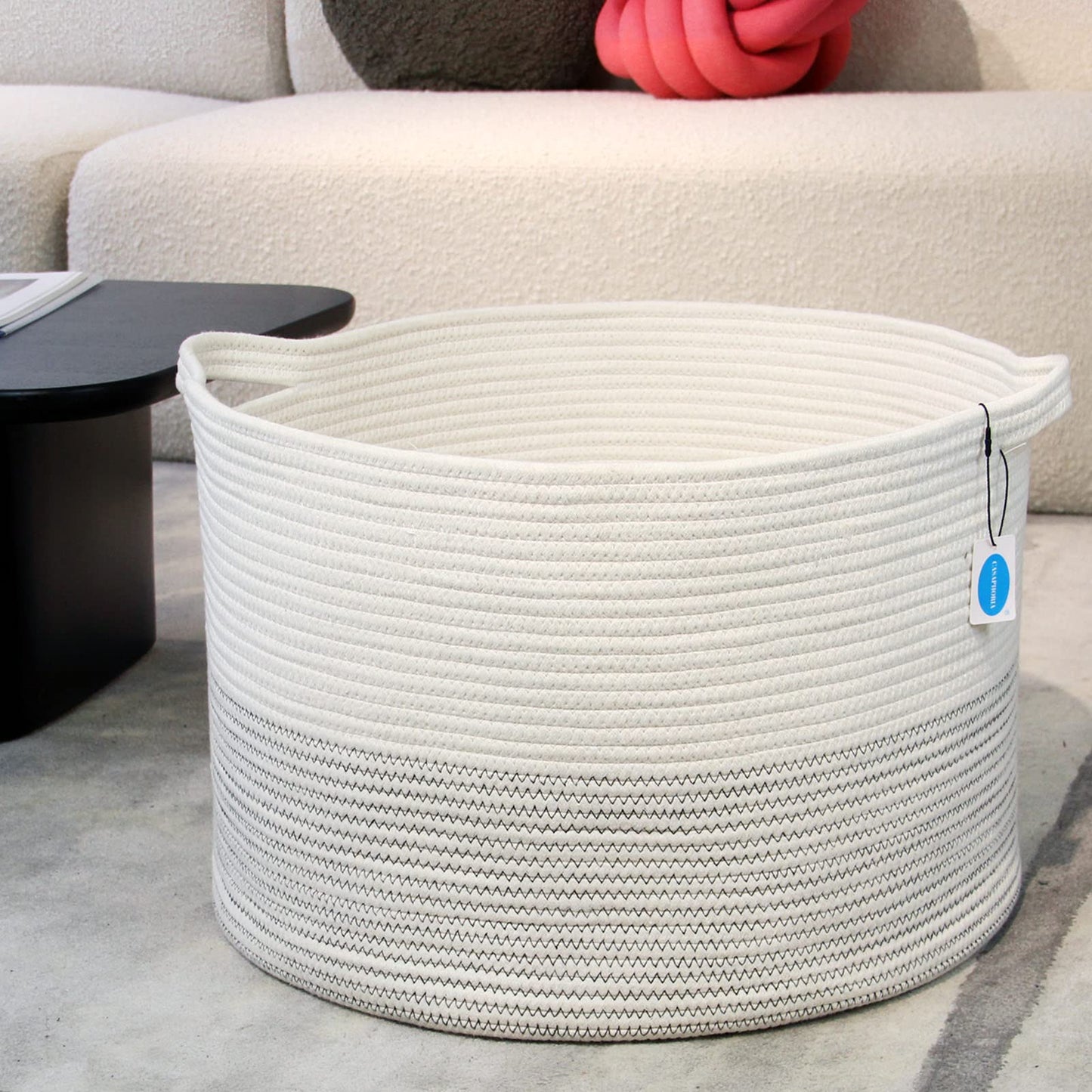 Casaphoria XXXLarge Cotton Rope Basket 21.7" x 21.7" x 13.8" Woven Laundry Basket for Blankets