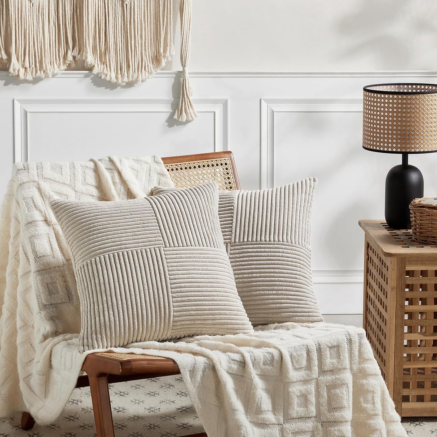 Fancy Homi 2 Packs Neutral Taupe Decorative Throw Pillow Covers 20x20 Inch for Living Room Couch Bed Sofa, Farmhouse Boho Home Decor, Soft Corss Corduroy Patchwork Accent Square Cushion Case 50x50 cm