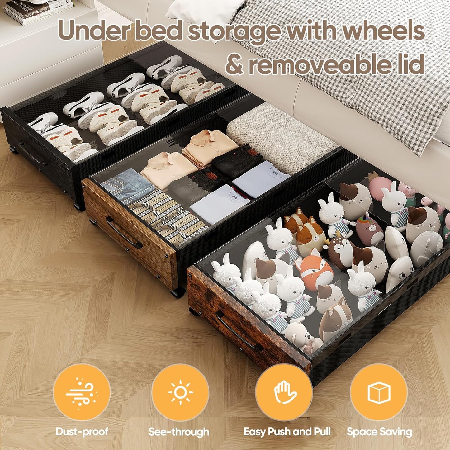 Wooden Under Bed Storage with Wheels, Rolling Under the Bed Storage Bins with Removable Lid, Metal Under Bed Drawers for Clothes and Shoes in Bedroom or Living Room(Black Wood-2pack)