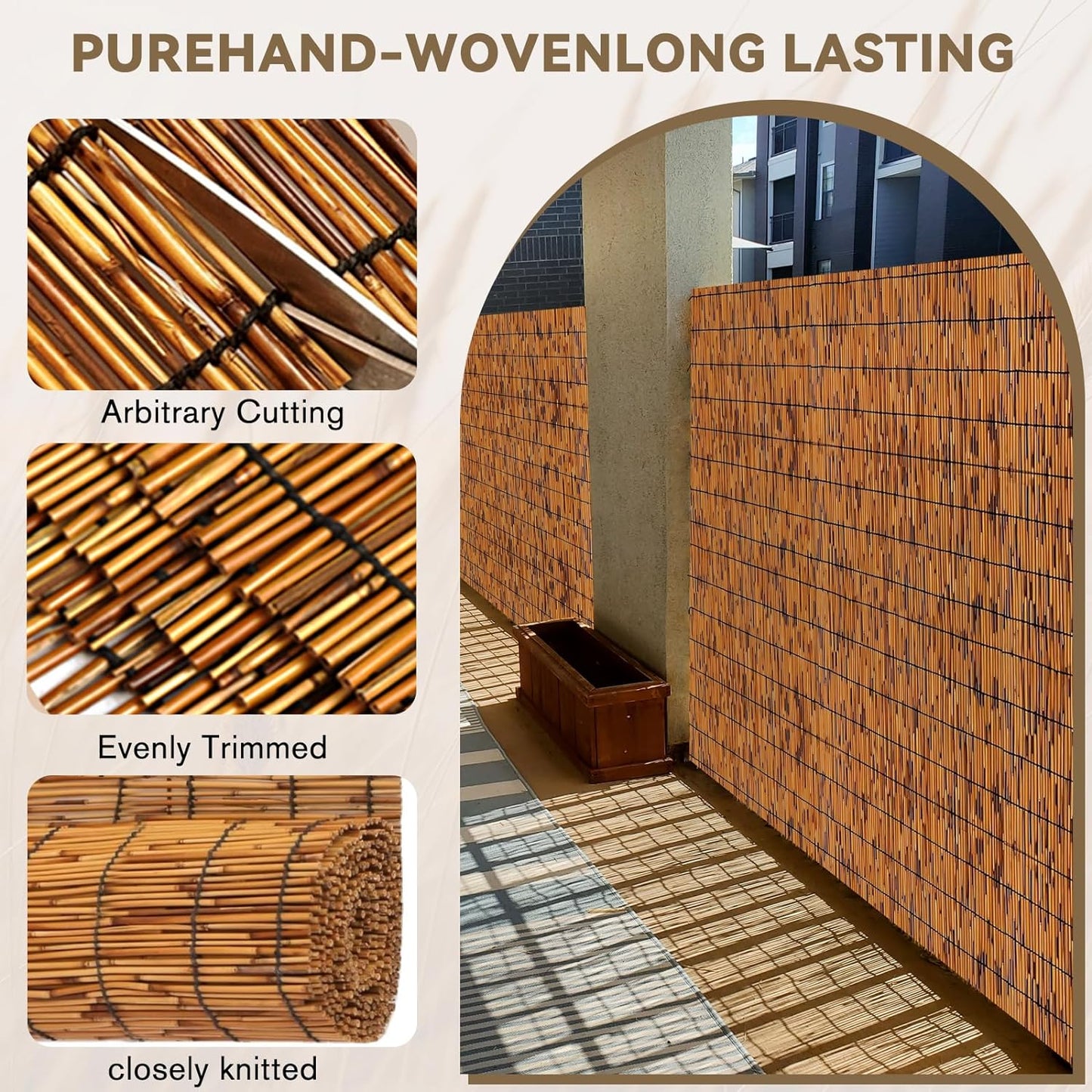 Bamboo Reed Fencing, Light Russet Bamboo Screens Outdoor for Patio, Decorative Balcony Privacy Screen Reed Fence Rolls Curtains for Garden Backyard, 3 x 6.6 FT