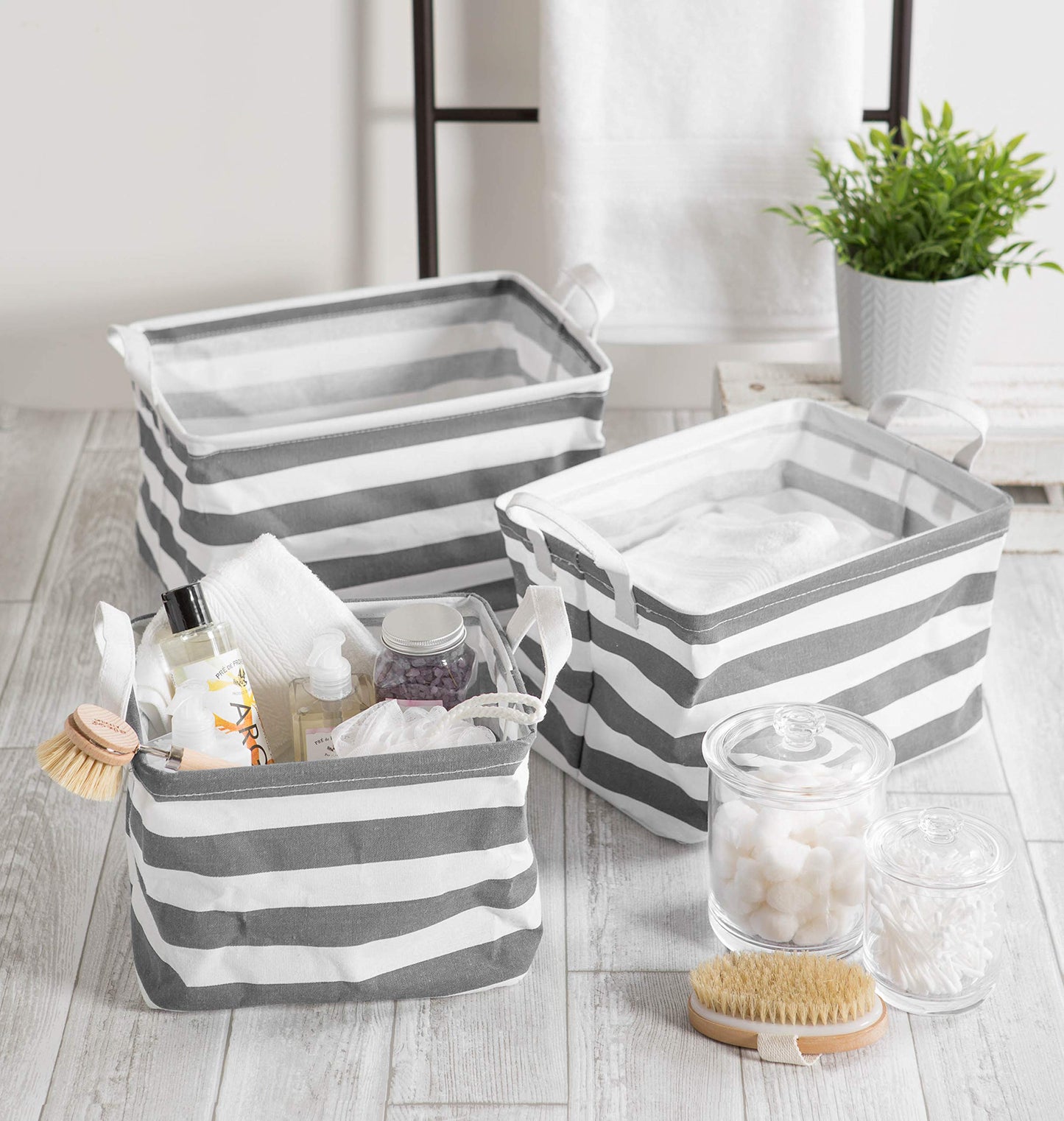 DII Laundry Storage Collection, PE Coated Collapsible Bin with Handles, Gray Stripe, Large Set