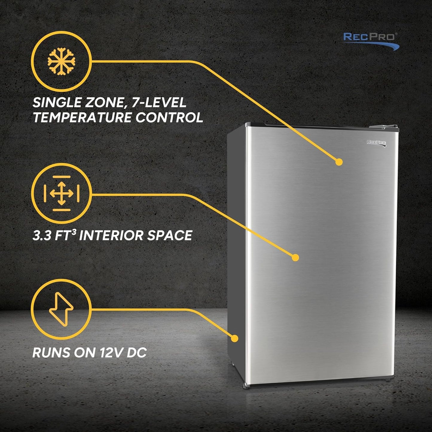 RecPro 3.3 Cu Ft 12V RV Refrigerator | Stainless Steel Frost-Free Fridge with Can Holder | Compact Camper Fridge with Door Storage, 7 Temp Settings | 19”W x 19”D x 32.75”H
