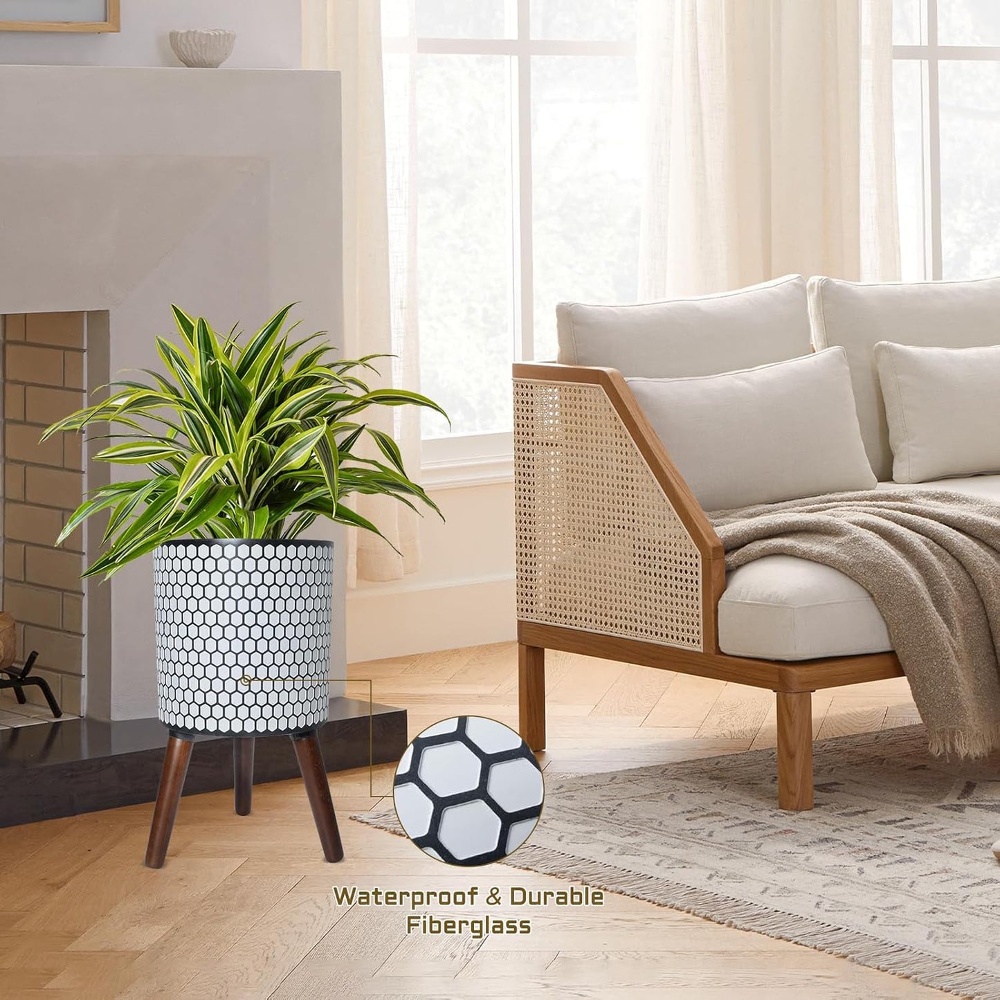 Flower Pot with Legs Tall Flower Pot with Drainage Holes for Indoor and Outdoor Decorative Planting (White Black Honeycomb, 12 Inches)