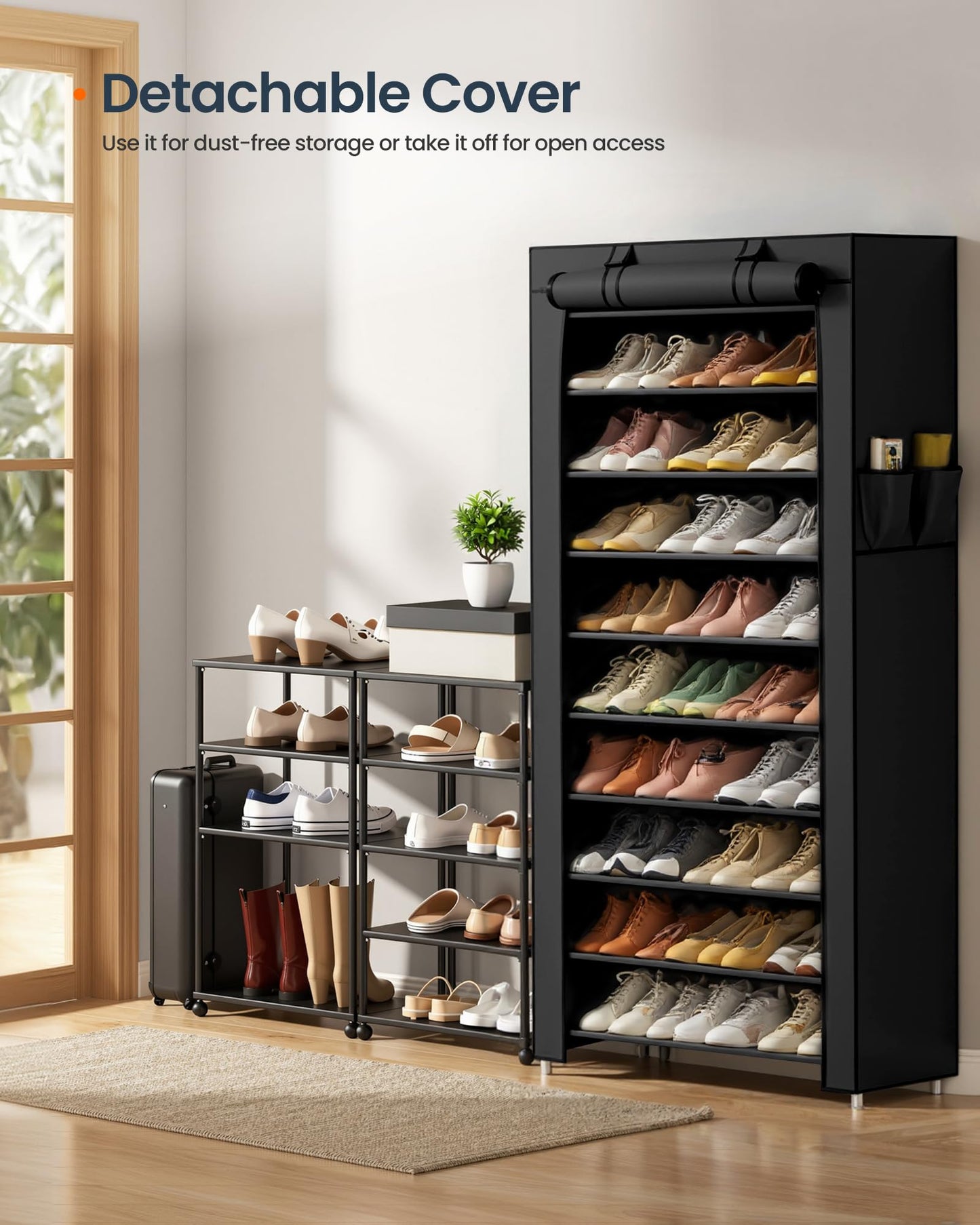 SONGMICS Home Shoe Rack 10-Tier, Tall Narrow Metal Shoe Organizer with Dust Cover, 11.2 x 33.3 x