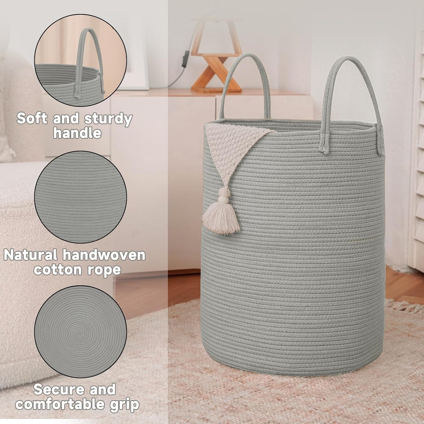 Large Woven Laundry Basket Hamper,100L Cotton Rope Storage Bin for Blankets,Toys and Clothes,Decorative Tall Nursery Hamper for Living Room,Baby Nursery,Bathroom and Bedroom,Grey