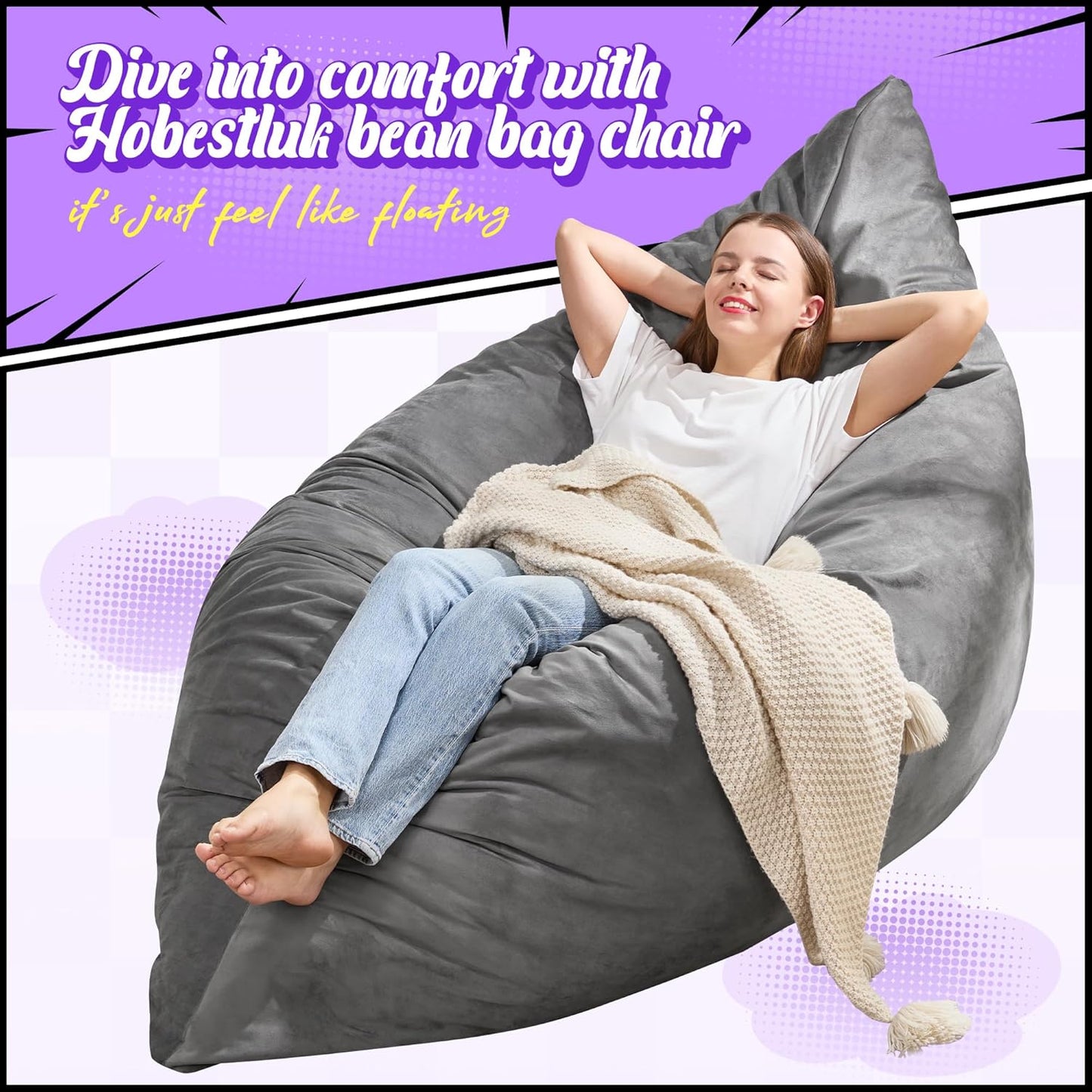 Hobestluk 3 in 1 Bean Bag Chair Giant Bean Bag Chairs for Adults with Velvet Cover Convertible Bean Bag Floor Cushion with Machine Washable Cover for Living Room (Velvet Grey)
