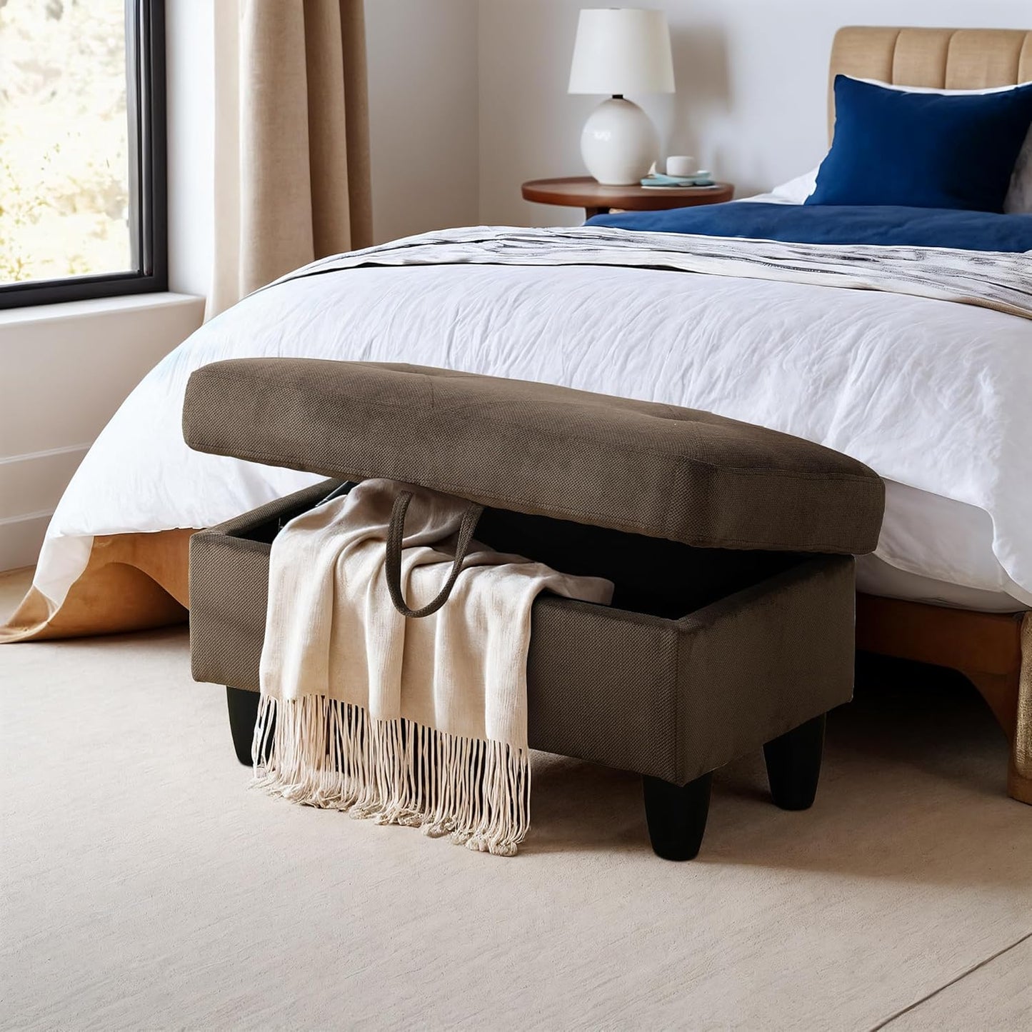 Ottoman Rectangular Storage Ottoman Bench, Flannel Footrest Stool Footstool with Lid for Living Room, Bedroom, Entryway, Dark Brown, 28.5"x19"x17.5"