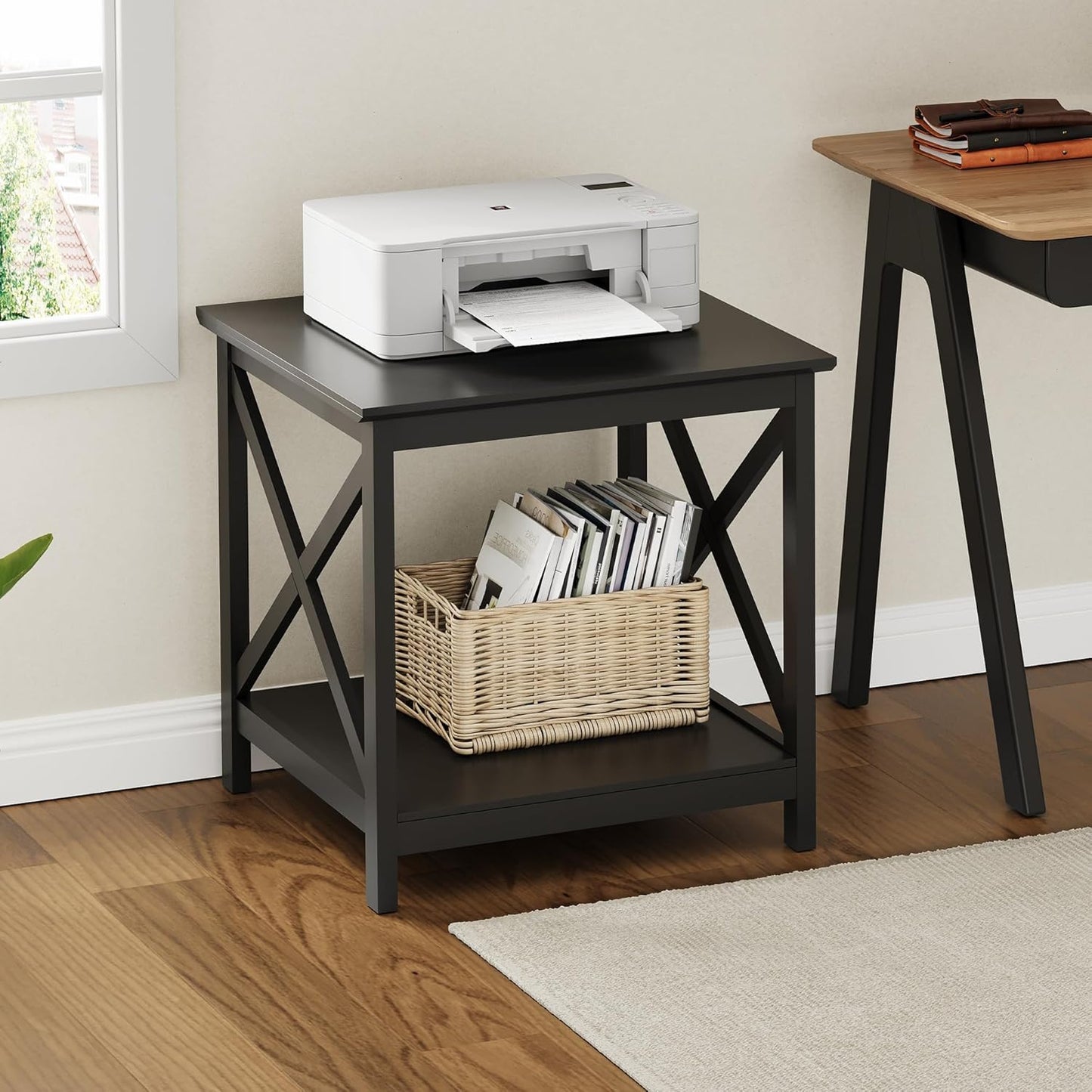 ChooChoo End Table, 24 Inch End Table with 2-Tier Storage Shelf, Side Table for Living Room, Wood Nightstand for Bedroom, Office, Painted Surface, Black