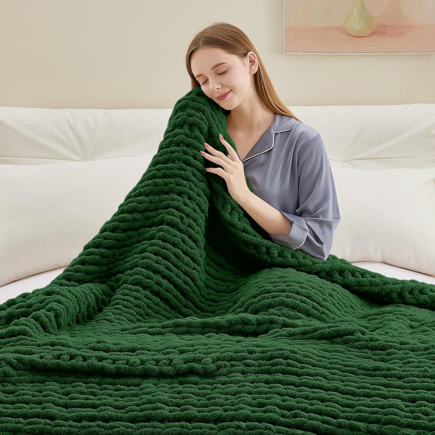 Chunky Knit Throw Blanket, 50''*60'' Knitted Throw Chenille Yarn for Bed Couch, Handmade Grass Green Crochet Big Thick Blanket, Machine Washable Cute Comfy Blanket for Home Decor