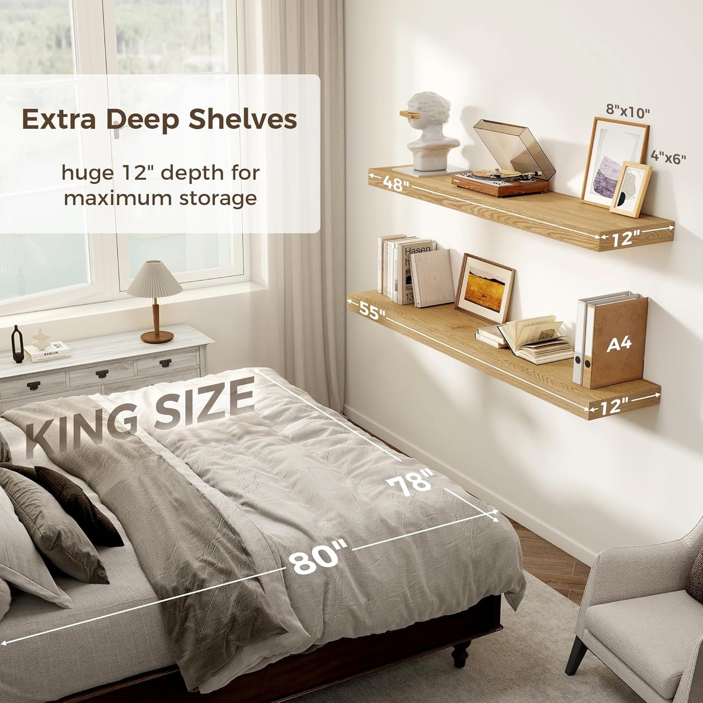 Floating Shelves 48 Inch Long, 12 Inch Deep Floating Shelves for Wall, 48 x 12 Large Wall Shelves for Home Storage & Display, 2" Thicked Floating Shelf for Bedroom, Living Room, Oak Color, 1 Pack