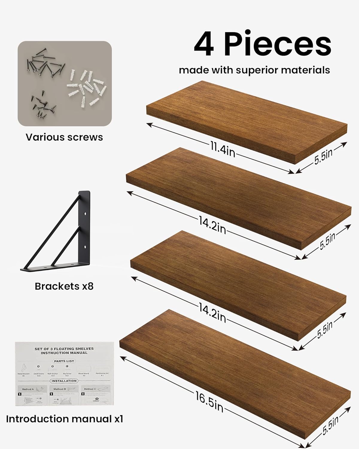 BAYKA Floating Shelves for Wall, Book Shelf for Bedroom, Wall Decor Shelves for Living Room Kitchen, Mounted Wood Floating Shelf for Home Decor, Corner Shelf for Bathroom, Office(Set of 4)