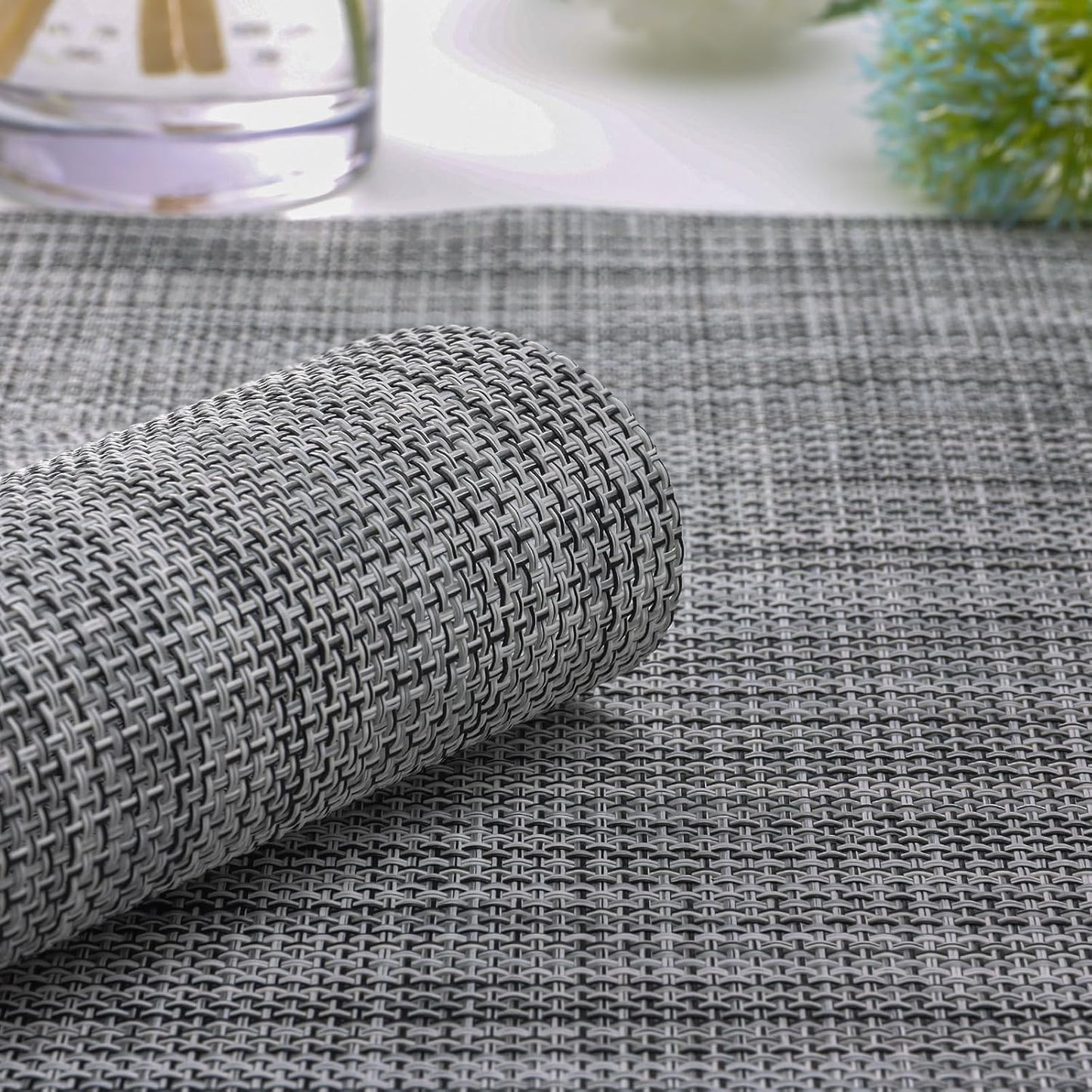 Myir JUN Placemats Set of 6, Vinyl Woven Placemats Place Mats Indoor Washable Table Mats Non-Slip Place mats for Dining Table (Light Gray, Set of 6)