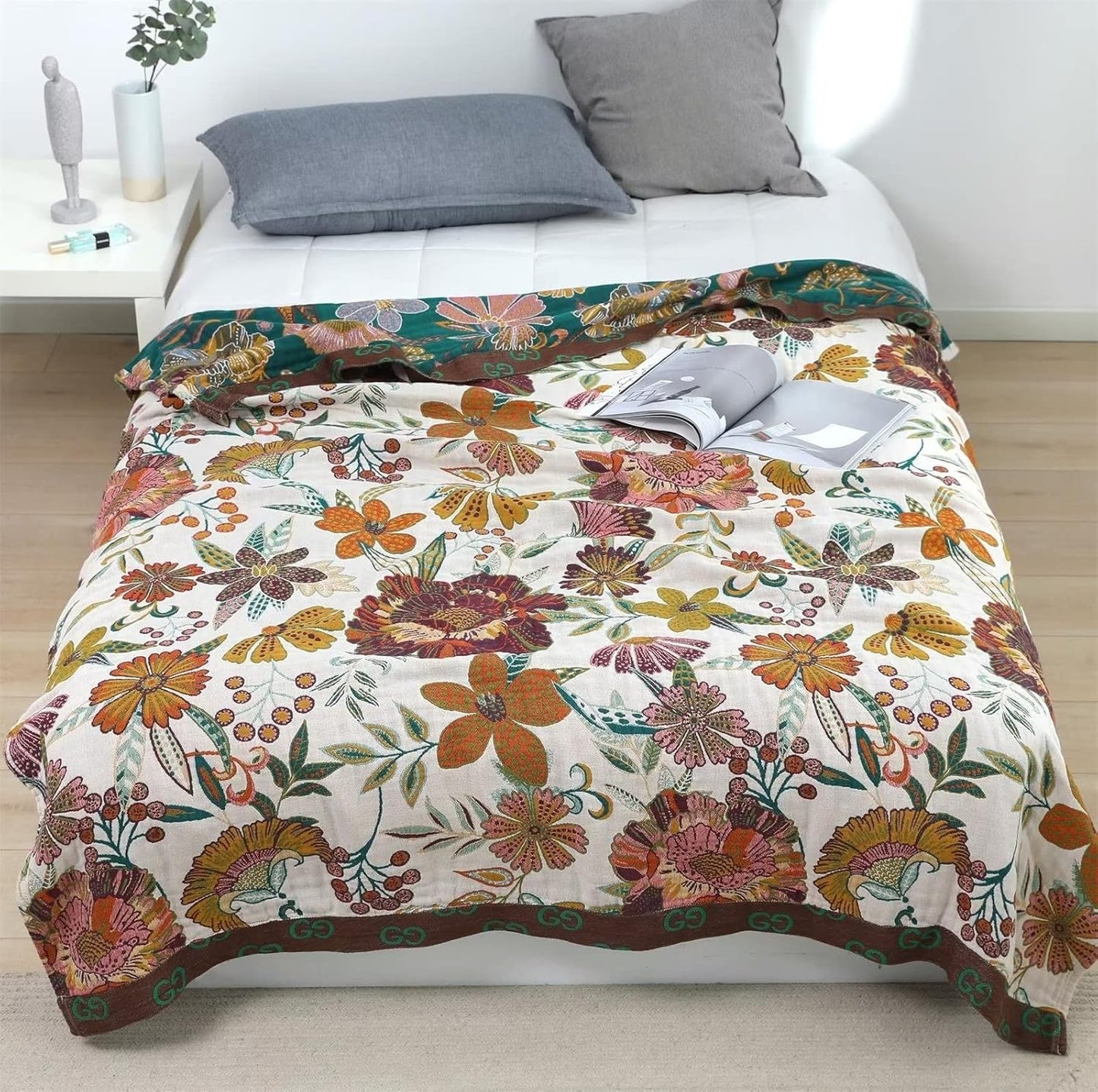 MSGKV Boho Throw Blanket for Bed Couch,100% Cotton Blankets 80''x 90'', Reversible Versatile Muslin Blanket, Super Soft Warm Boho Bedding Blankets