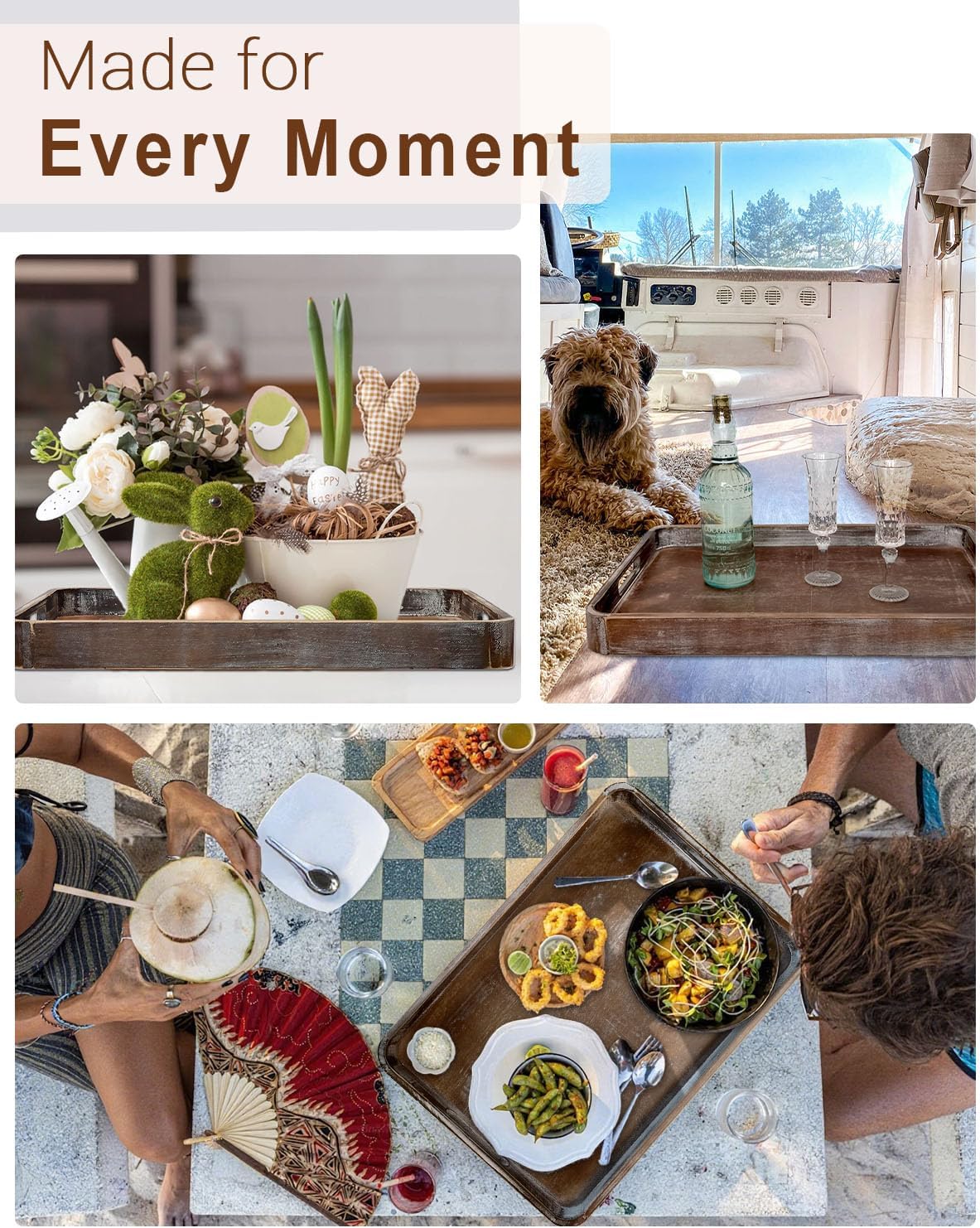 22 Inch Rustic Wood Serving Tray with Handles, Large Rectangular Wooden Ottoman Tray, Beautiful Home Décor for Living Room Coffee Table Couch, Ideal for Serving Food Breakfast BBQ Parties