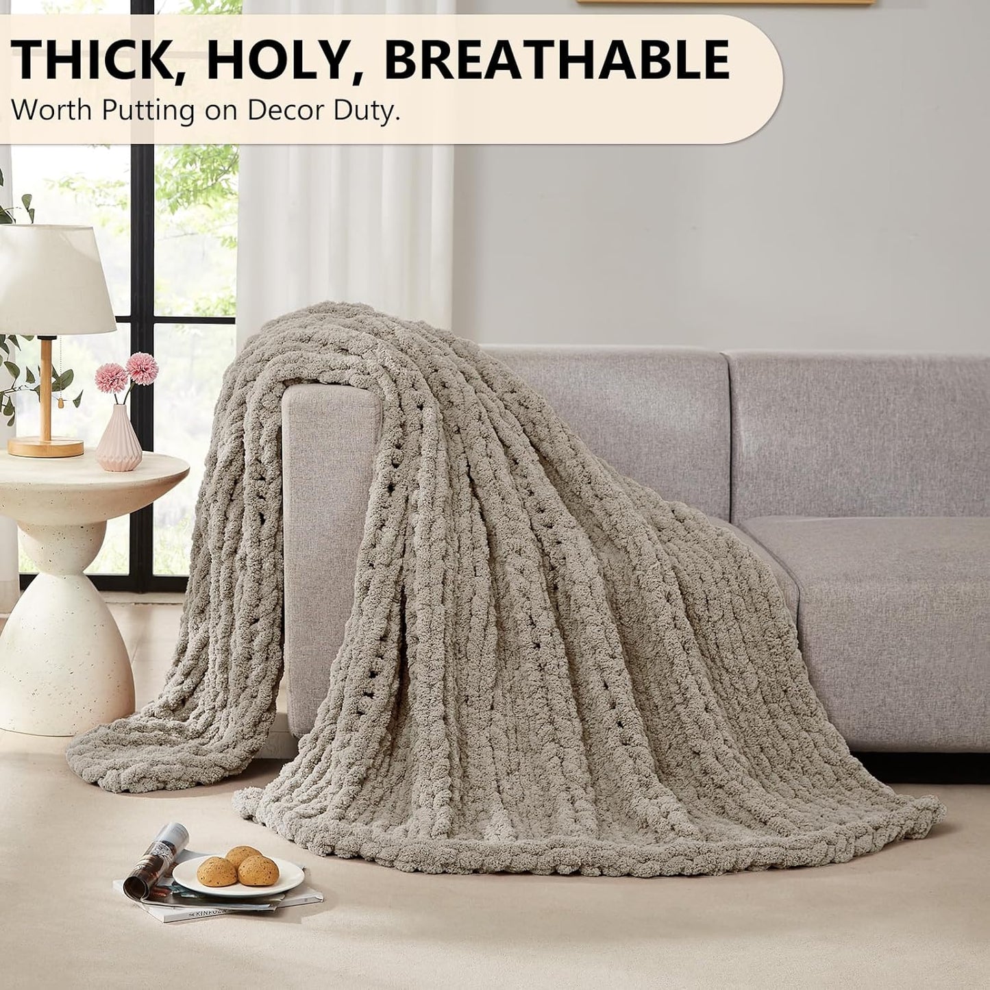 L'AGRATY Chunky Knit Blanket Throw: 72''x84'' Chenille Chunky Knitted Throw Blankets for Bed Couch - Handmade Thick Big Cable Knit Blanket - Large Crochet Rope Blankets for Home Decor(Light Linen)