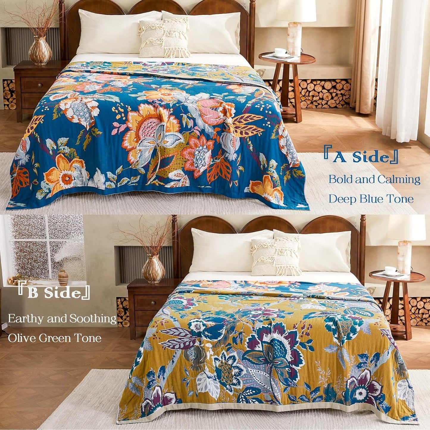 Boho Throw Blanket, Blue Lightweight Blankets for Summer, 100% Cotton Bohemian Decorative Throw Blanket, 60"x80" Reversible Muslin Breathable Woven Farmhouse Blankets Quilt,