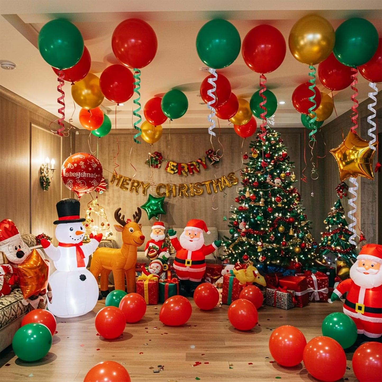 BEISHIDA 3 Pack Christmas Curling Ribbons Red Green Silver Balloons String Ribbons for Gift Wrapping Party Decorations(Total 300 Yards)